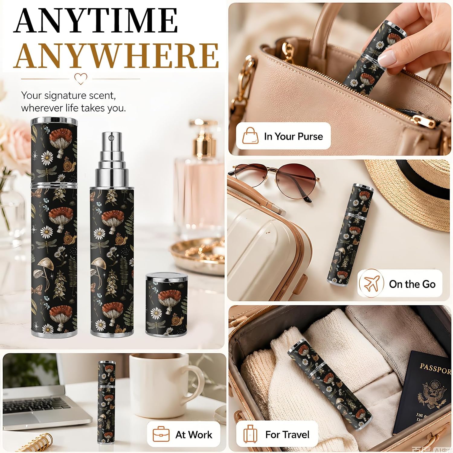 1 Pack 10ML Atomizer Refillable Perfume Spray Bottle for Travel, Leather Cute Empty Perfume Dispenser, Portable Sprayer Travel Essentials for Men and Women, Mushroom Pattern image 5