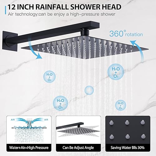 Miniatura 2 de Sistema de ducha con 6 chorros de pulverización corporal de 12 pulgadas, cabezal de ducha de lluvia montado en la pared, puede funcionar todos