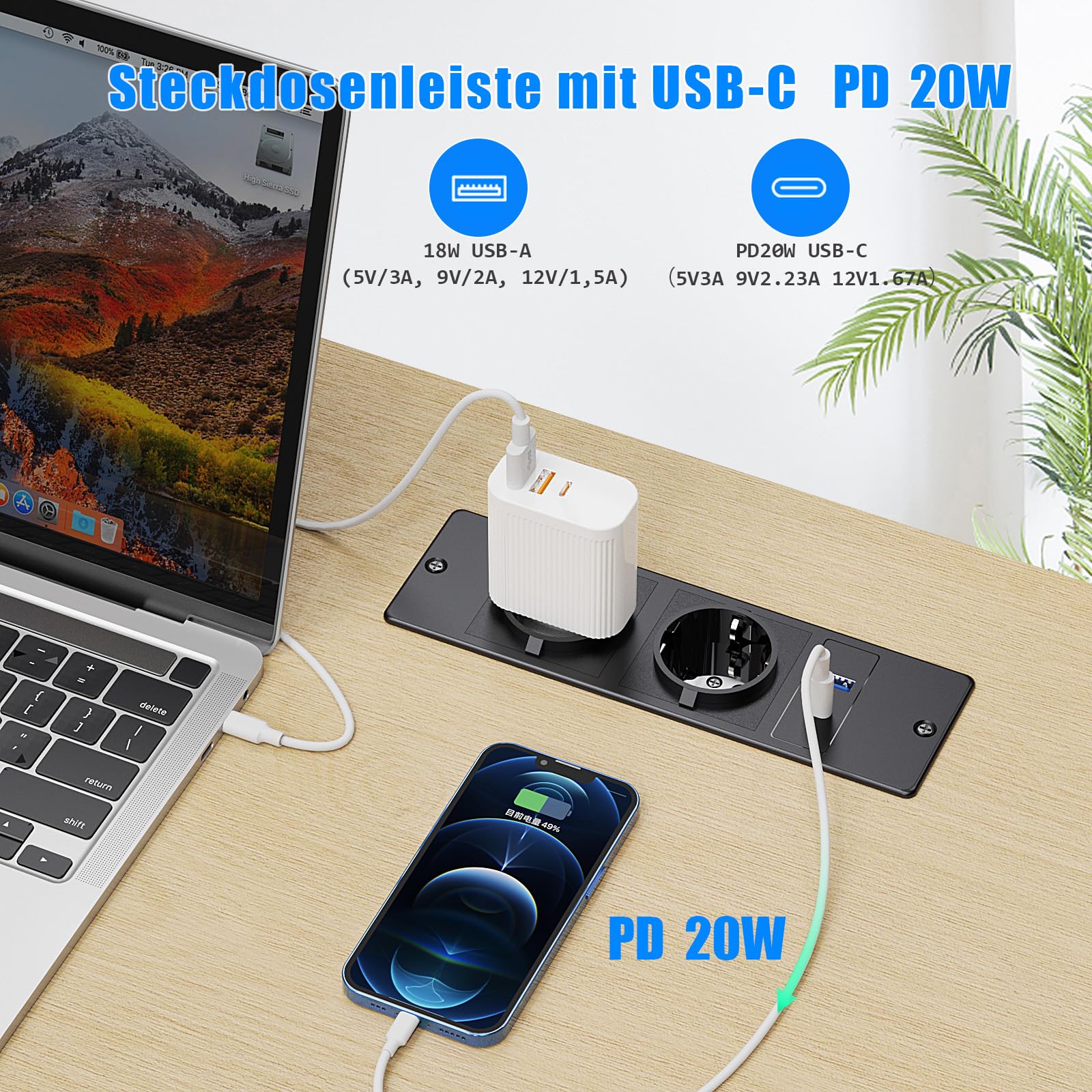 Prise de Table avec USB C PD 20W, Prise encastrée 2 Prises avec USB A, multiprise encastrée pour Plateau de Table Meubles ou Plans de Travail, 2m de câble, 250W/16A, Noir