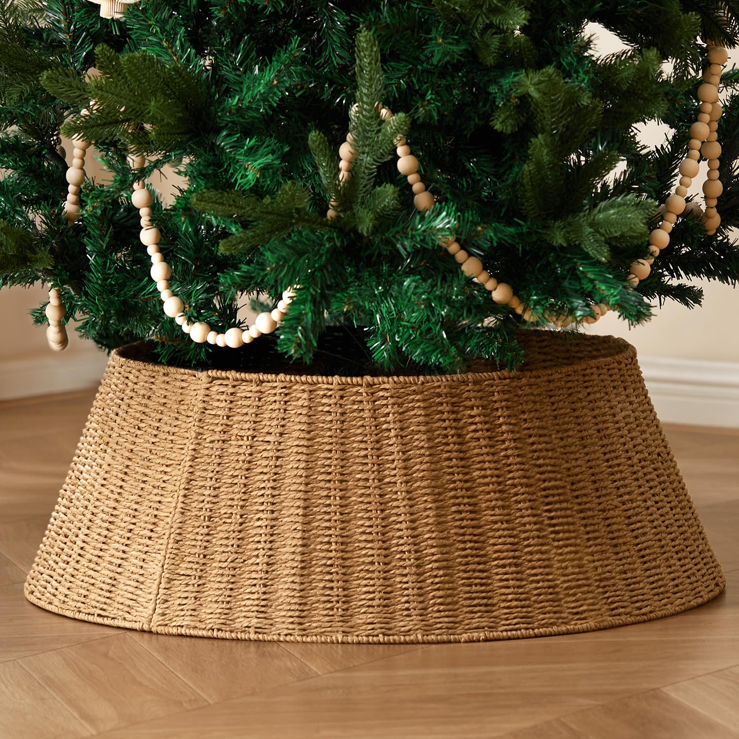 Rustic Farmhouse Christmas Tree Collar - 28Inch Woven Wicker Tree Base Stand Cover for Artificial Trees - Holiday Decoration Ring Skirt Basket for 6ft