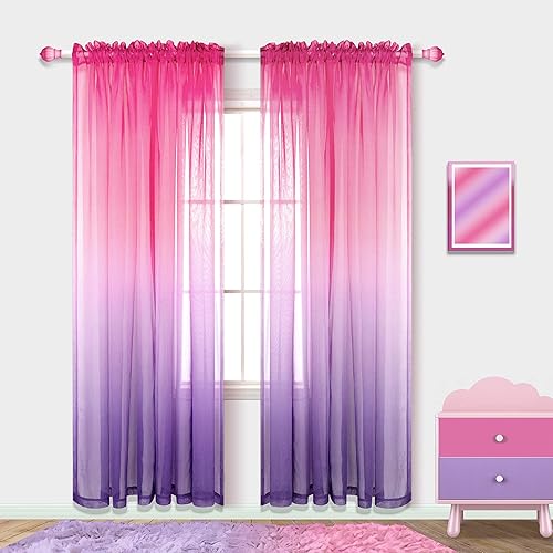 Cortinas rosas y moradas para dormitorio de niñas, juego de 2 paneles de cortinas traslúcidas de princesa para niños, decoración de habitación de