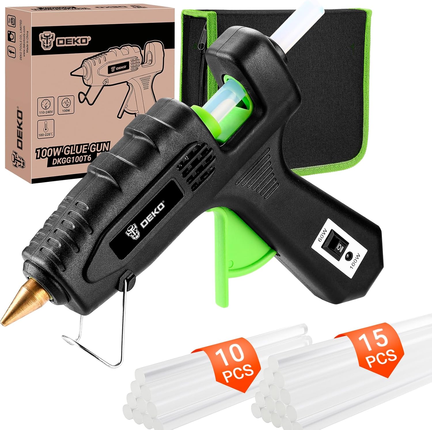Hot Glue Gun Full Size: DEKOPRO 60/100Watt Dual Temp Hot Glue Gun Kit with 25 Glue Sticks, Organize Storage Case, Heavy Duty Heat Glue Gun Tool Set for Home Repair, Art & Crafts, DIY Black