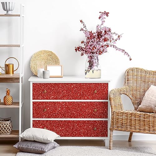 Miniatura 5 de CRE8TIVE Papel tapiz rojo con purpurina para despegar y pegar, tela de borde de pared brillante con purpurina roja, autoadhesivo, extraíble, borde