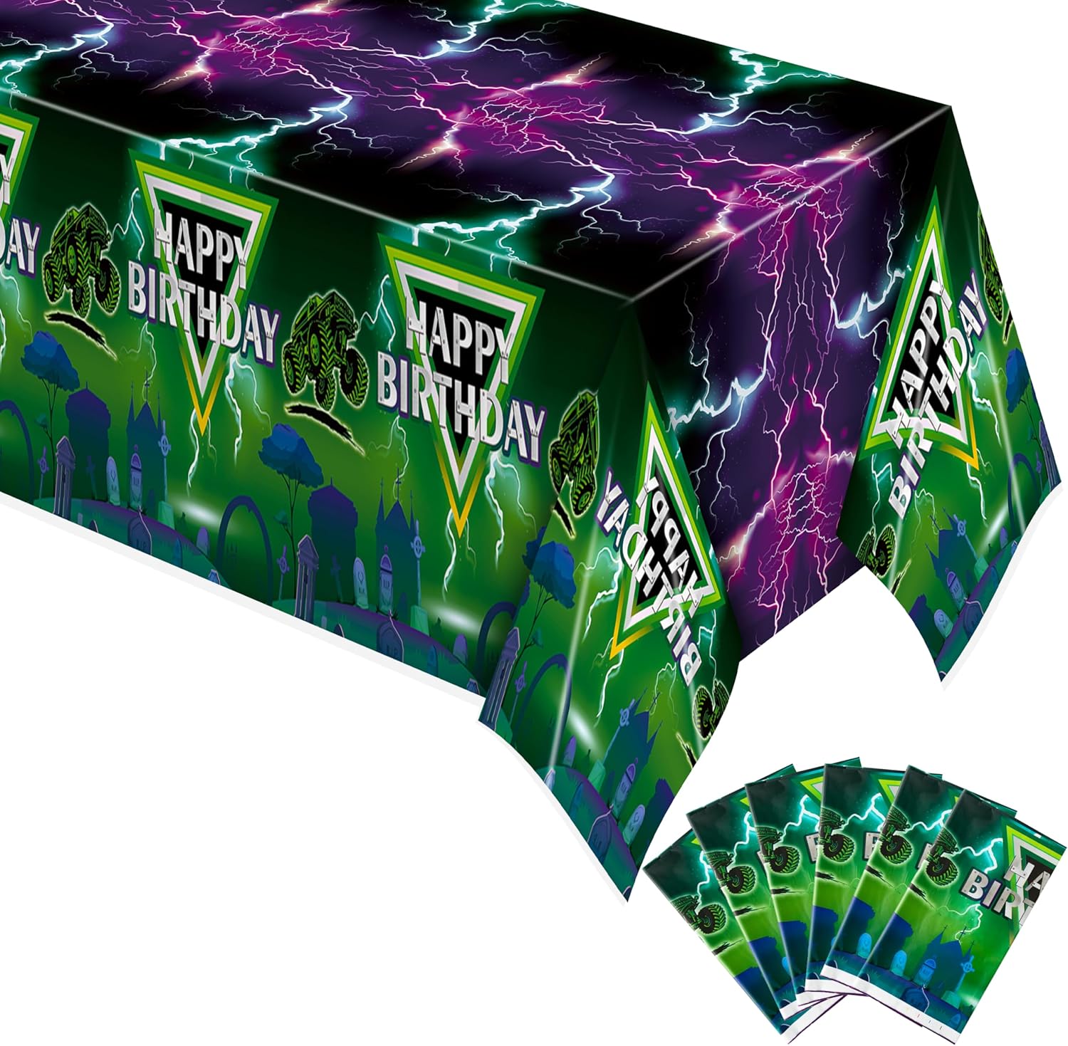 6 Pack Green and Purple Monster Truck Tablecloths - Monster Truck Happy Birthday Disposable Rectangle Table Cover for Baby Shower Kids Birthday Party Dinner Table Decoration 108×54 Inches