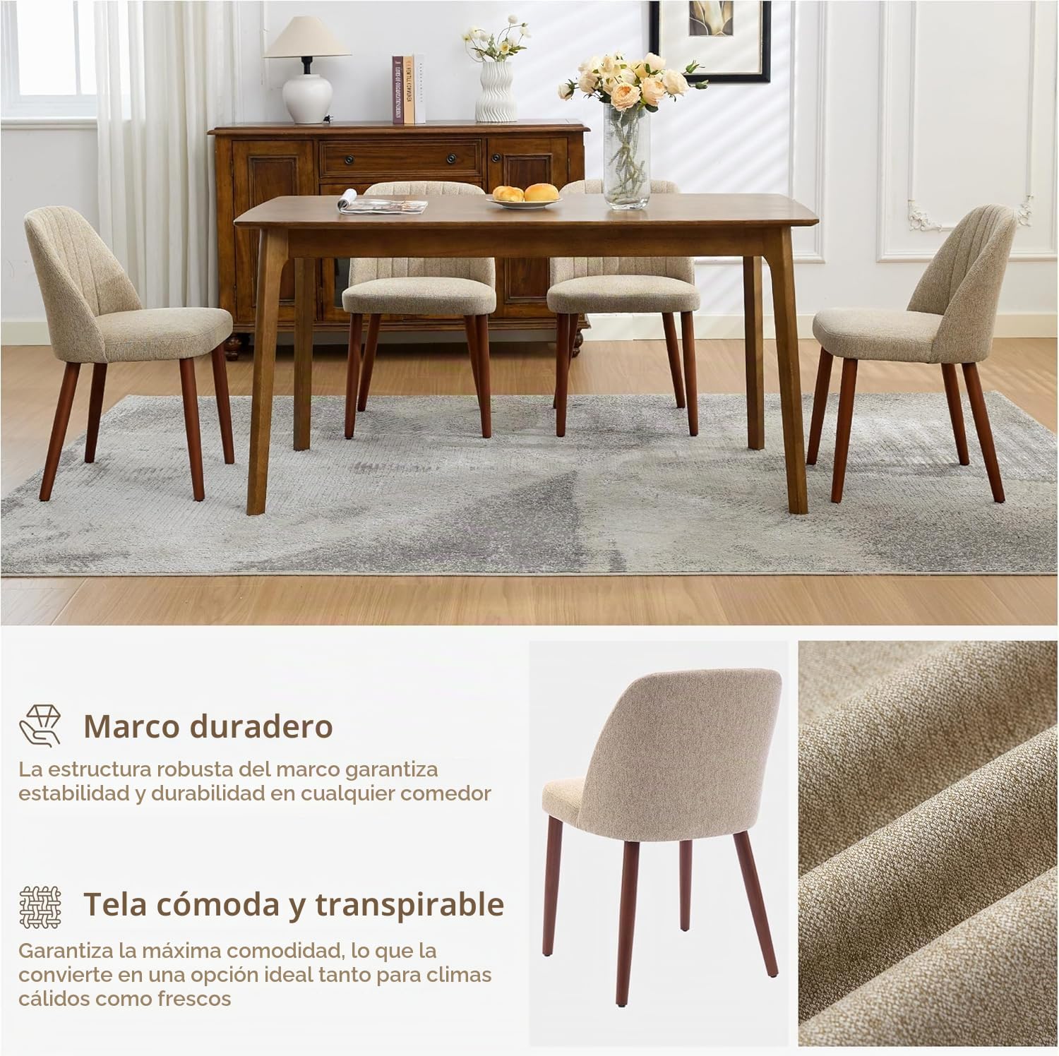 Juego De 2 Sillas De Comedor Modernas Tapizadas. Cómodo Asiento Acolchado De Tela De Lino. Patas De Madera Resistentes. Sillas Auxiliares Ergonómicas Para Cocina, Comedor, Restaurante y Cafetería