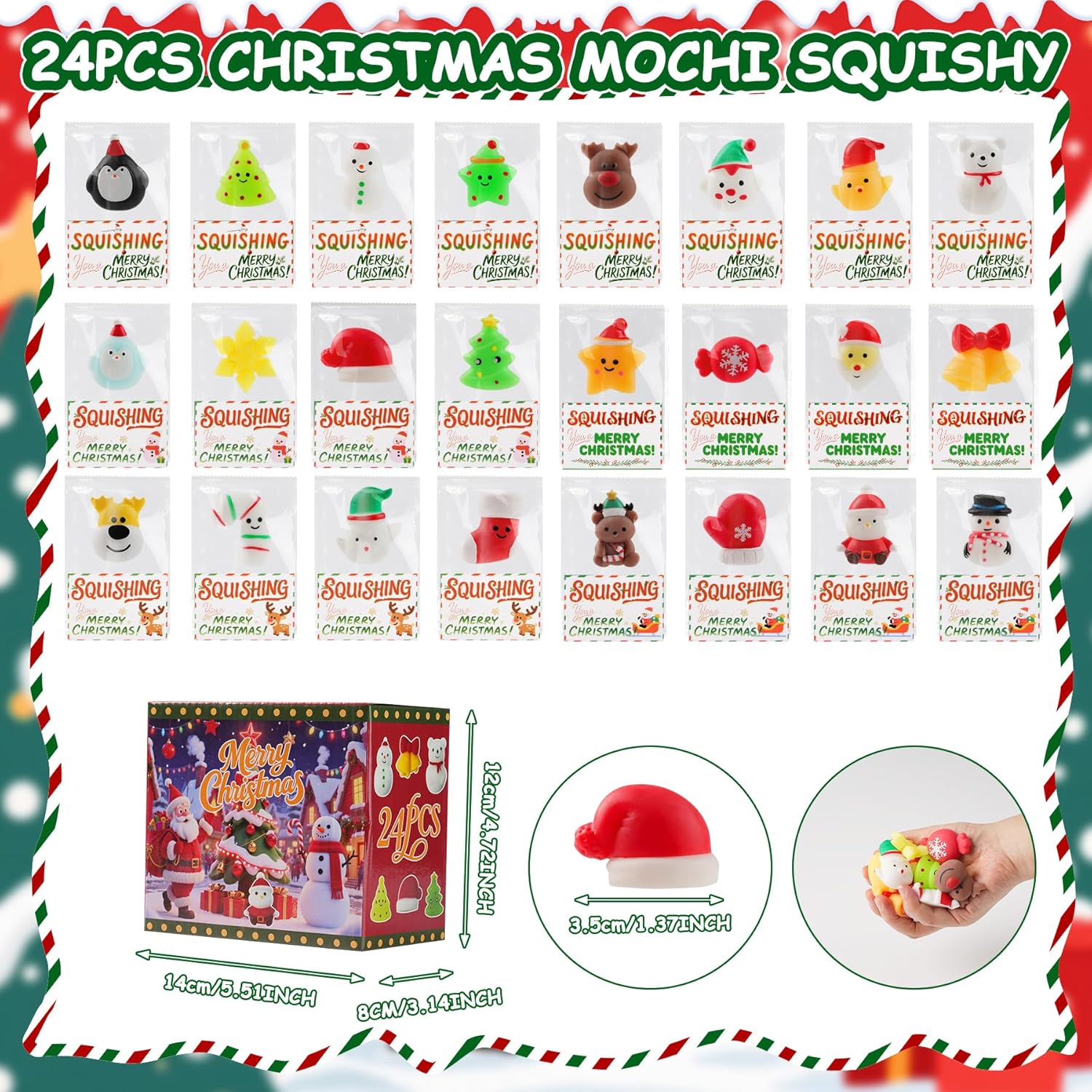 Christmas Mochi Squishy Toys 24 Pack with Gift Card, Mini Squishy Toys, Christmas Stocking Stuffers, Party Favors for Kids, Stress Relief Toys, Goodie Bags Fillers (Christmas Red Box)