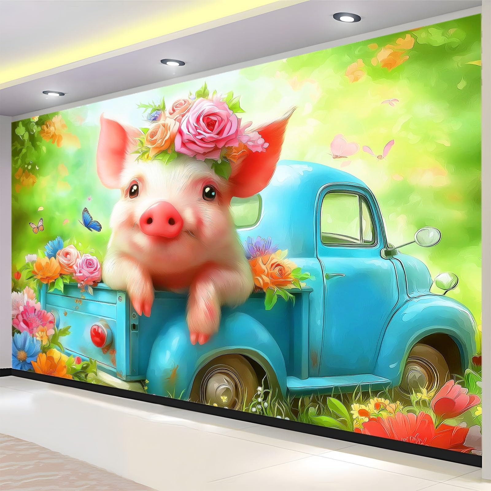 Générique Panoramiczna tapeta z kreskówek śliczne prosięta podnieś 3D 350 x 256 cm, włóknina XXL nowoczesna dekoracja ścienna salon sypialnia biuro pokój dziecięcy, zielona