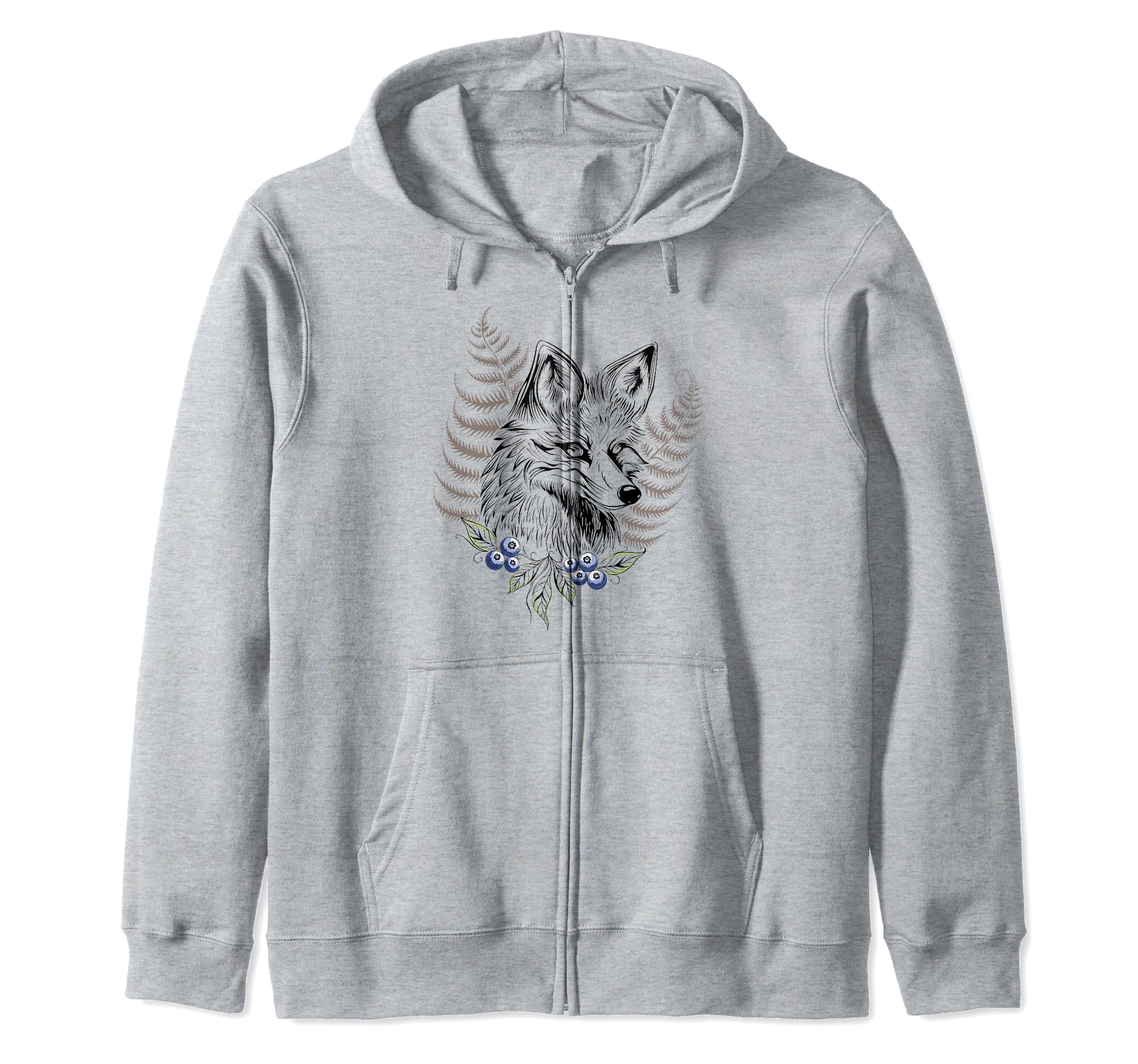 Wild Fox Art with Fern and Blueberries Fox for Animal Lovers Zip Hoodie
