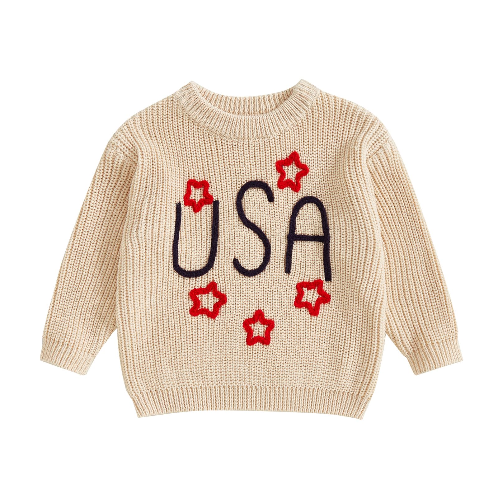 Toddler Baby Boys Girls 4th of July Sweater USA Stars Embroidery Long Sleeve Crewneck Pullover Knit Top (Beige, 6-9 Months)