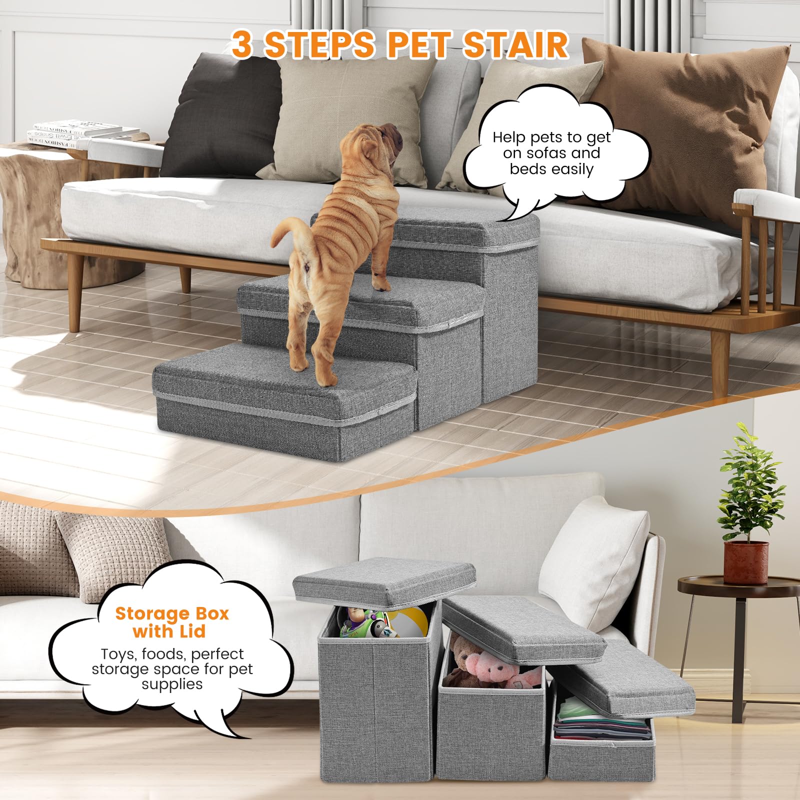 Escalier pour Chien, Sunowl Pliable Escalier Chien en 3 Marches, Extra Larges Rampe pour Chien avec Rangement, Surface Antidérapante, Aide l'animal à Monter Facilement, Escalier pour Chien et Chats