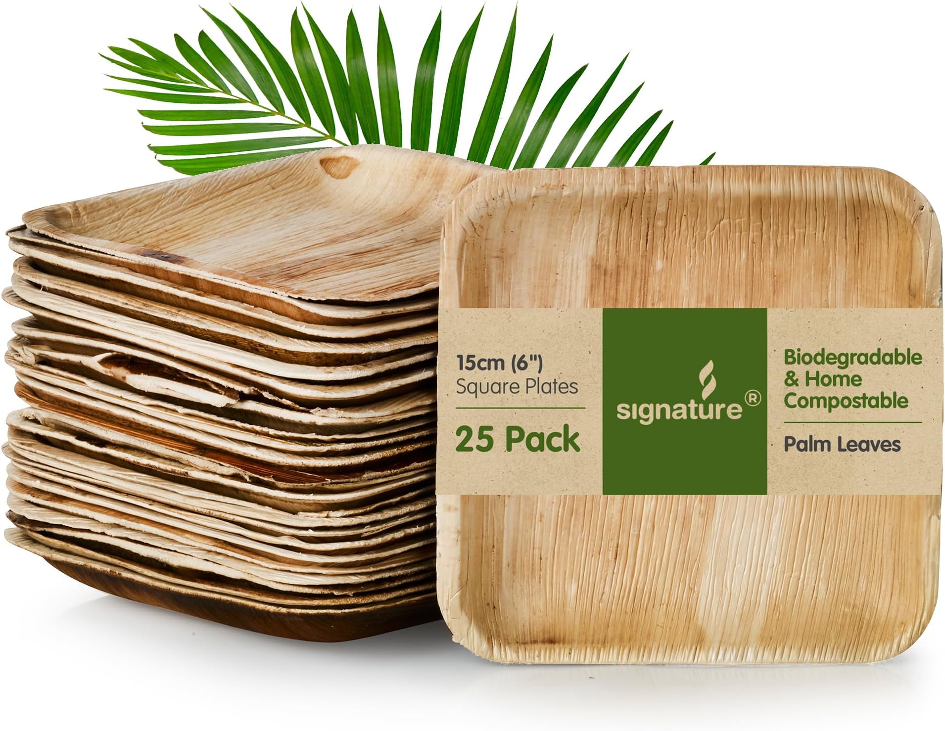 Signature Packaging Disposable Palm Leaf Plates, Sturdy Eco-Friendly Biodegradable Compostable Plates for Hot Food, Weddings, Picnics, Parties and Outdoor Events - 6", (25 Pack) Square
