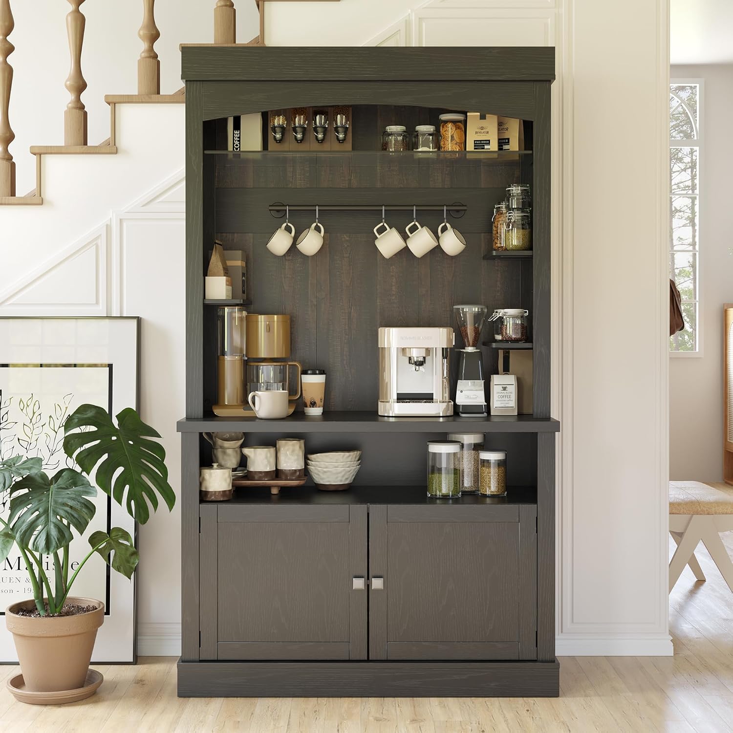 CABIHOME 72" Coffee Hutch Large Kitchen Sideboard，Farmhouse Coffee Bar Cabinet with Storage LED Buffet Cabinet with Wine Rack/Glass Shelf for Kitchen, Dining Room, Living Room(Black)