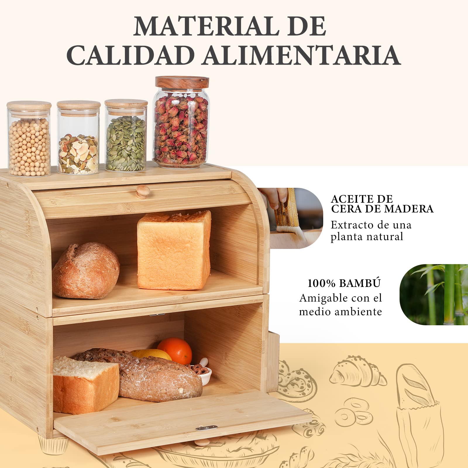 GUUSII HOME Paneras Para Guardar el Pan Madera Vintage Retro Caja de Pan Bambú Doble Enrollable Grande Talla 38x25x36cm Mantiene el Pan Fresco y Sabroso Hasta 4 Días