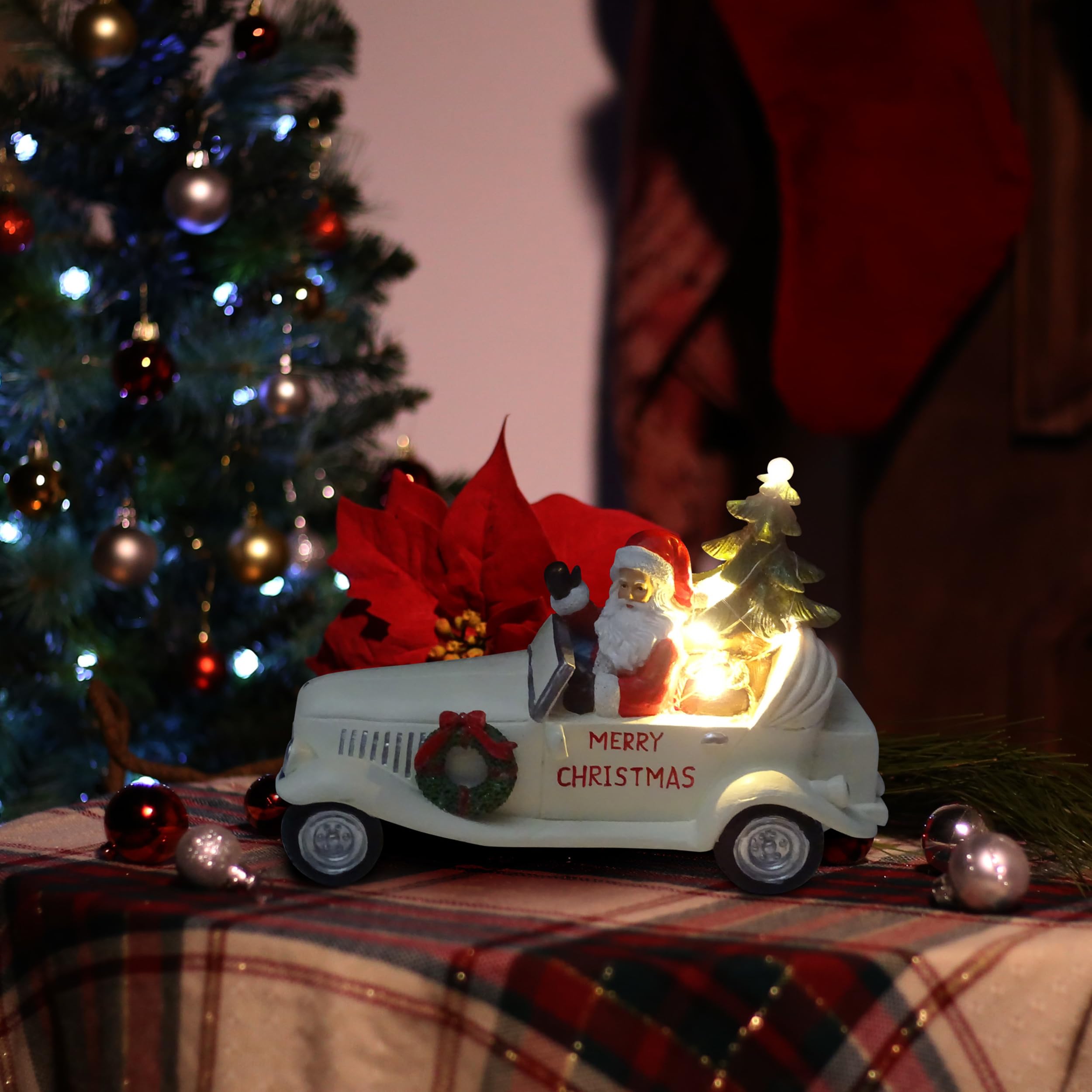 Alpine Corporation Merry Christmas Santa in Vintage White Car Statue w/LEDs