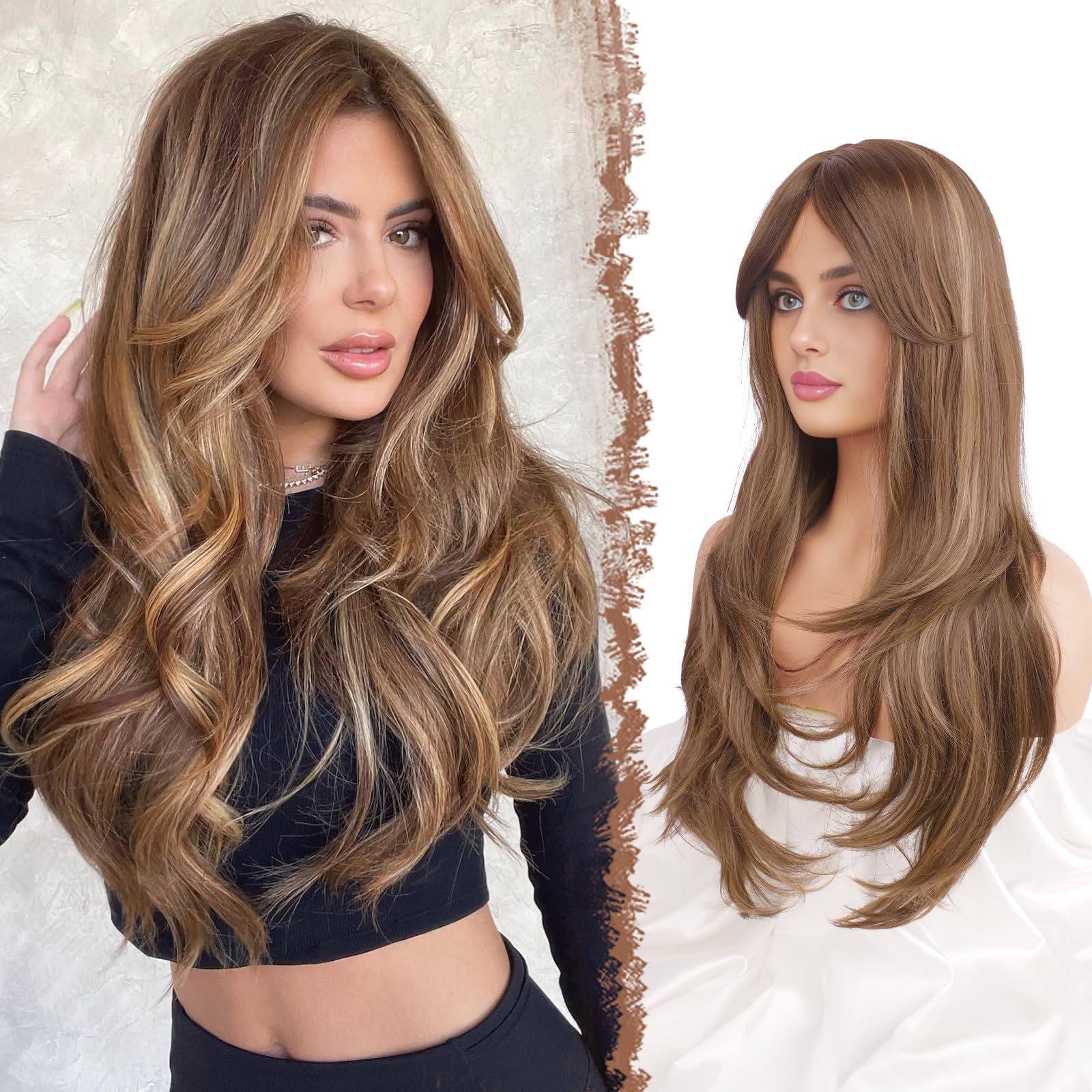 Photo 1 of FESHFEN Brown Blonde Wigs for Women, Long Layered Wigs with Curtain Bangs Natural Looking Synthetic Hair Wig for Daily Use Party, 26 inch Blonde Mixed Brown
