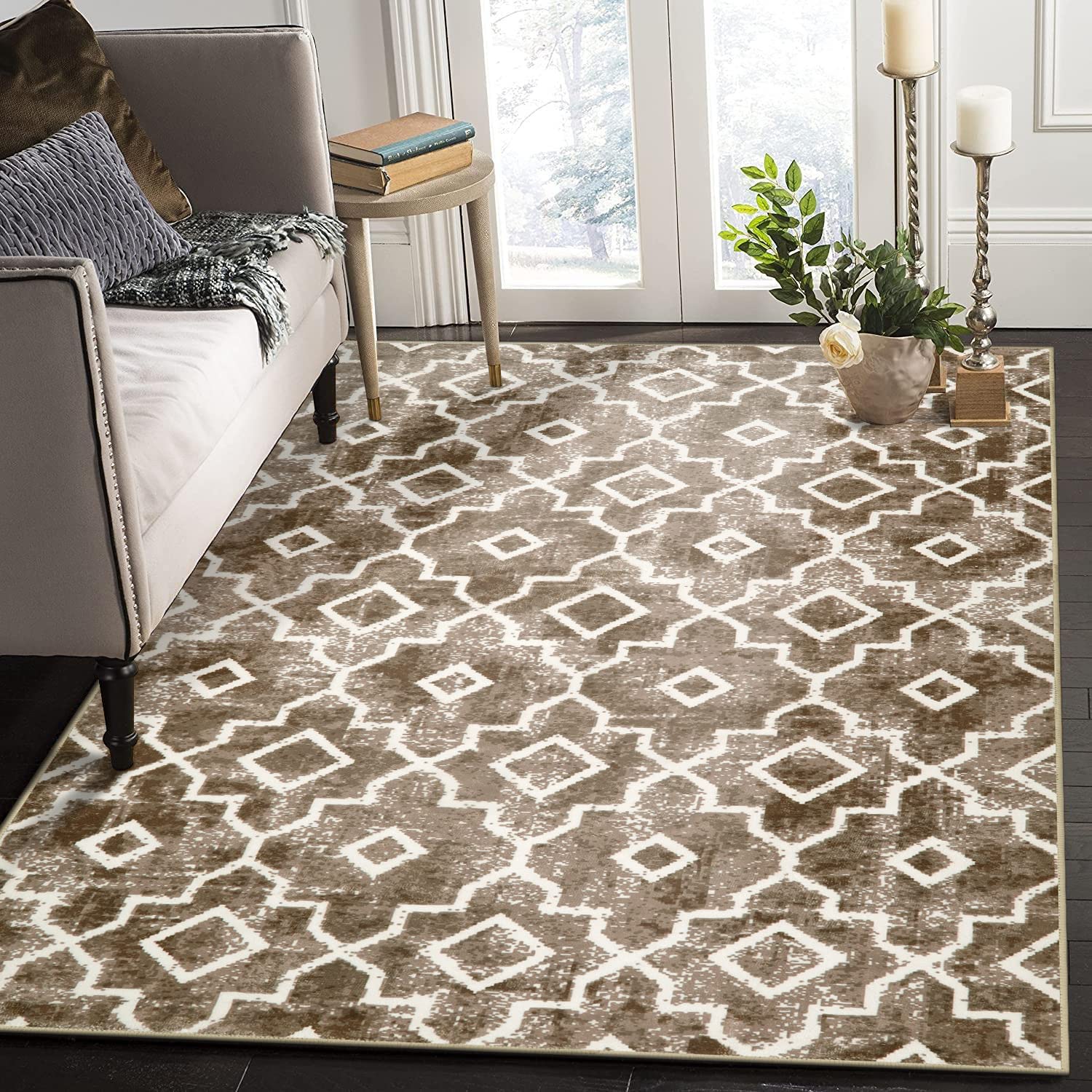 WonnitarMoroccan Area Rug - Washable 4x6 Brown Bedroom Rugs,Large Throw Rugs for Living Room,Non-Slip Modern Geometric Non-Shedding Soft Floor Mat for Entry Bathroom Dining Room