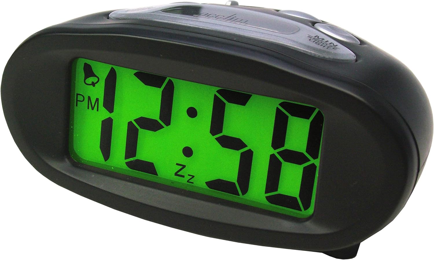 Acctim 14193 Eclipse Solar Dual Power Alarm Clock, front view with illuminated green display showing 12:58 PM