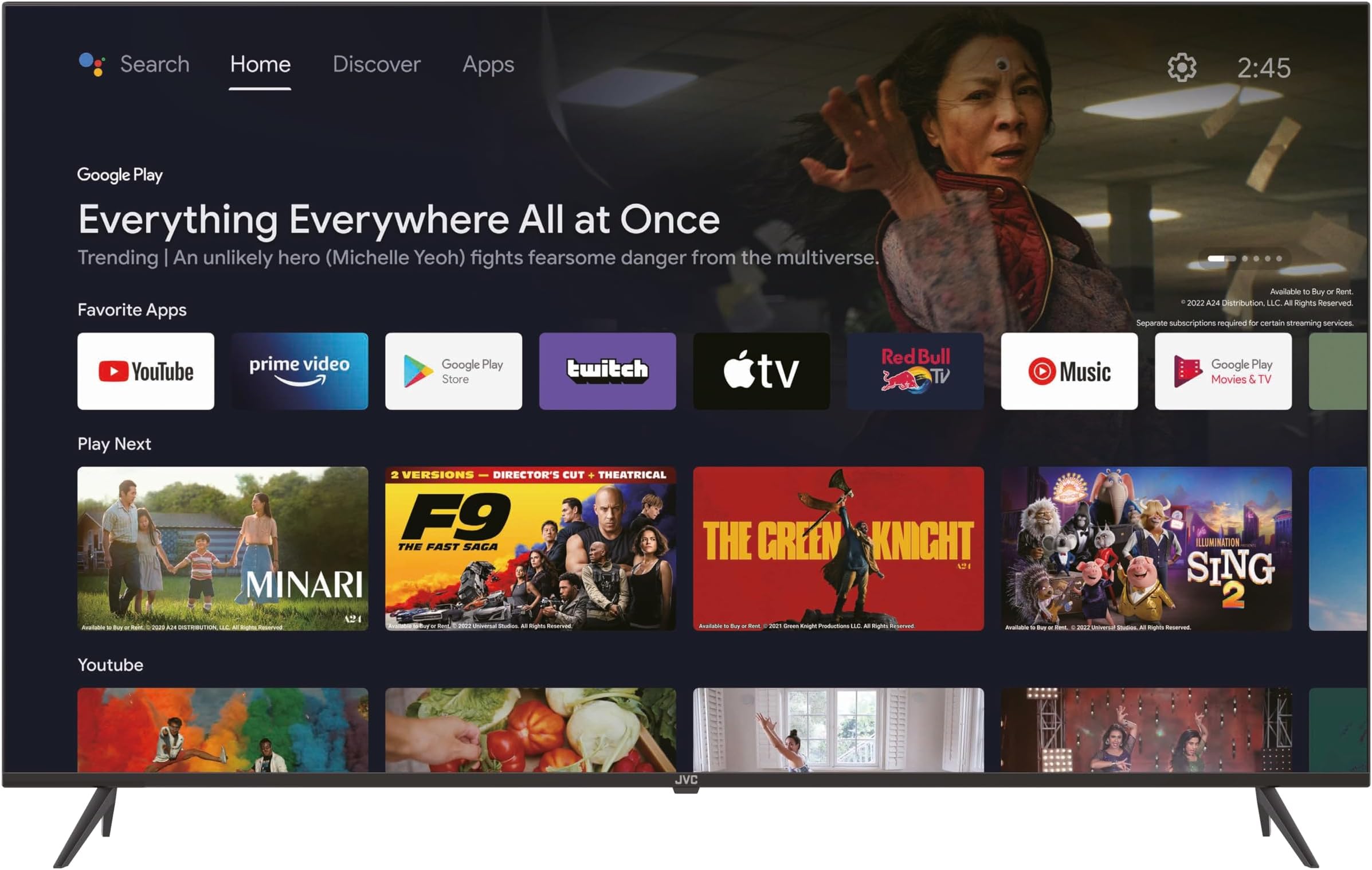 JVC 85" Edgeless 4K UHD QLED Google Tv With Voice Remote, Bluetooth, Built in Chromecast and Dolby Audio-2024 Model LT-85NQ7145