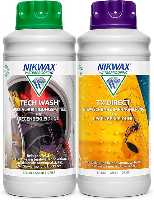 Nikwax Tech Wash detergent + TX Direct impregnation, 2 x 1 litre for functional clothing.
