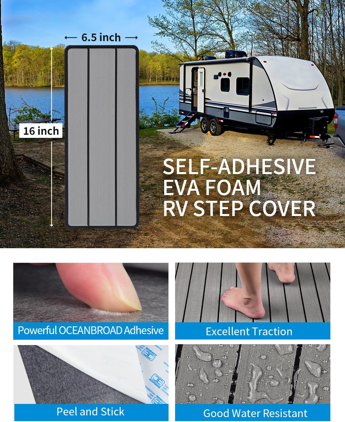oceanbroad eva foam rv step cover 16''l x 6.5''w 4 pack with self adhesive for ladders trailers truck campers rv steps treads, gray gray 16''l x 6.5''w