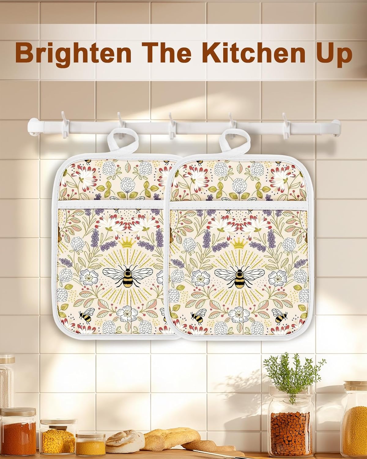 Swooflia 100% Cotton Pot Holders 2 Pack Set for Kitchen with Pockets - Cute 440°F Heat Resistant Oven Hot Pads Heavy Duty for Countertop Home Cooking Baking Microwave BBQ Bee - Image 7