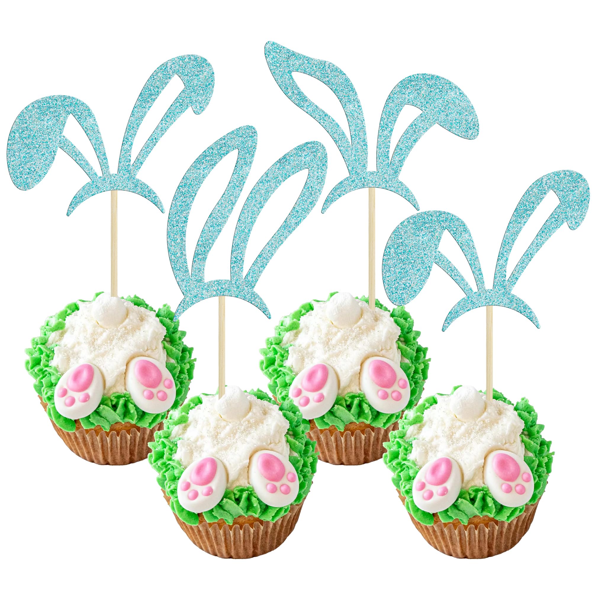 Ephlyn 24Pcs Happy Easter Cupcake Toppers Glitter Easter Bunny Ear Cupcake Pick Decorations for Easter Spring Theme Baby Shower Kids Birthday Party Supplies Blue
