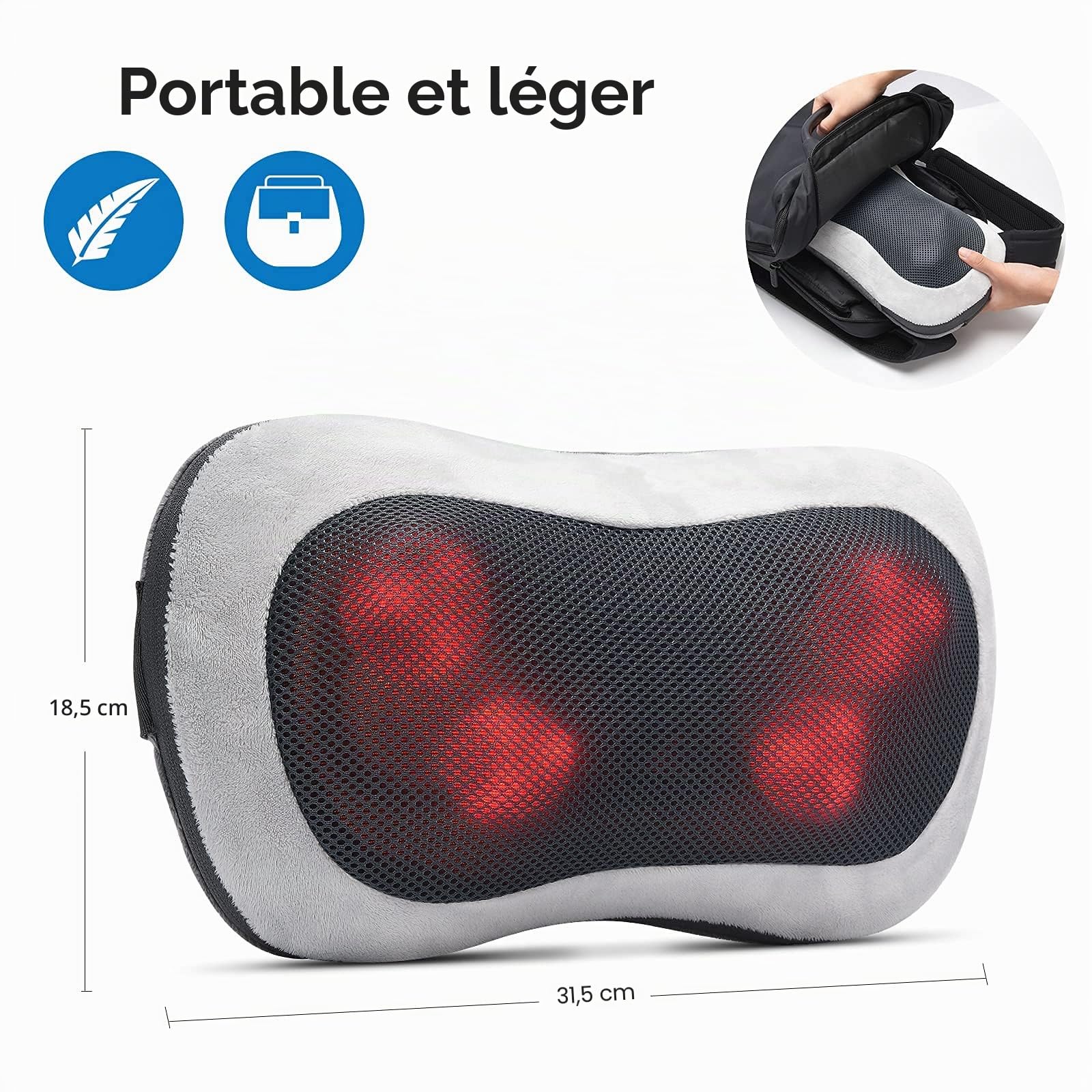 RENPHO coussin de massage avec fonction chauffante, masseur de Dos shiatsu avec malaxage en tissus profonds pour Cou, Dos et Épaules, cadeau de relaxation pour maman, papa