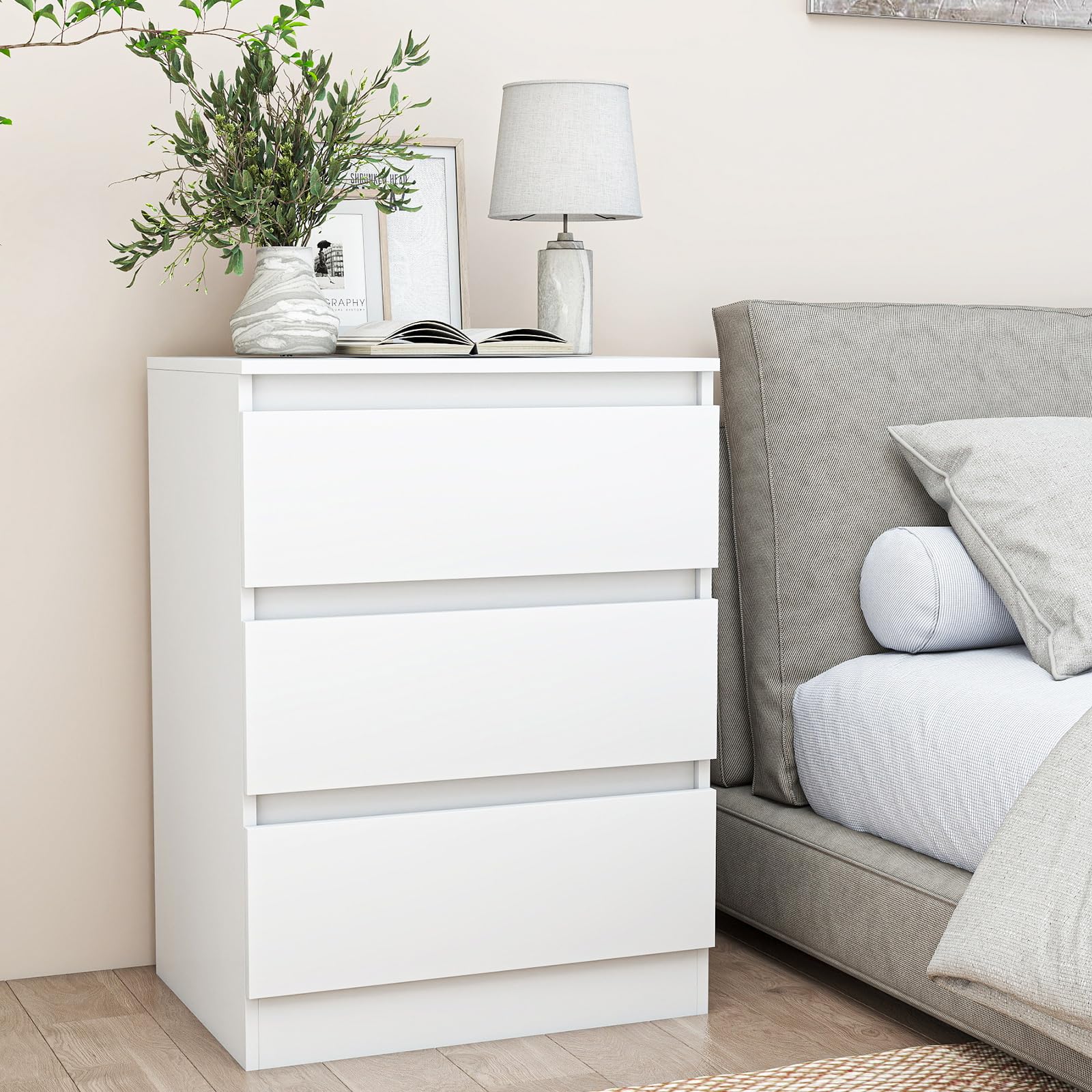 white nightstand with 3 drawers,modern tall bedside table with storage for bedroom,end side table with no-handle design for living room (3 drawers)