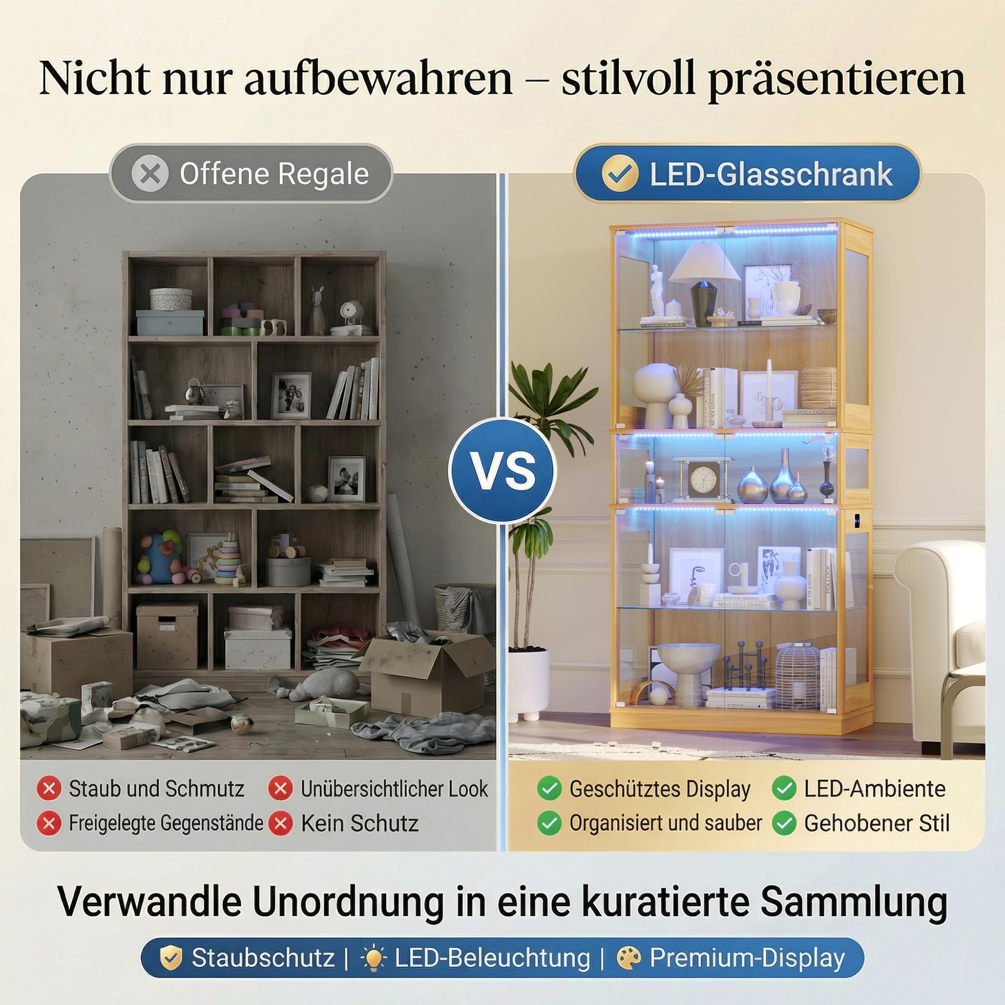 ZKIODV Glasvitrine mit LED Beleuchtung, 5-Lagen Vitrinenschrank Glas Stehend, Holz Vitrine mit Intelligente Sensorik, Sammlervitrine Staubdicht für Wohnzimmer Schlafzimmer Büro - 165x80 cm (Eiche)