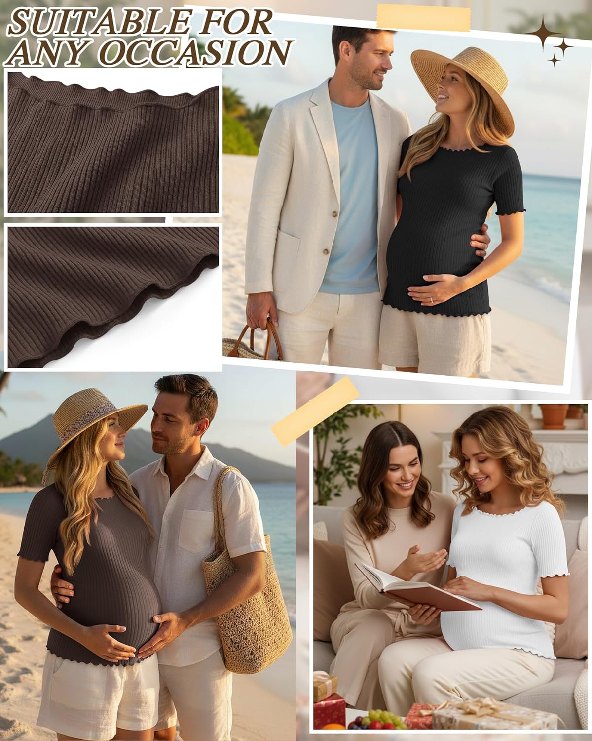 3 Pack Women's Maternity Ribbed Shirts Cotton Short Sleeve Pregnancy Tops Boat Neck Lettuce Trim Mama Clothes - Image 4