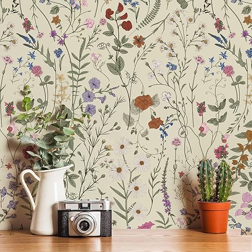 Papel pintado JiffDiff autoadhesivo con flores vintage coloridas en flor para dormitorio, sala de estar, gabinete, papel pintado despegar y pegar
