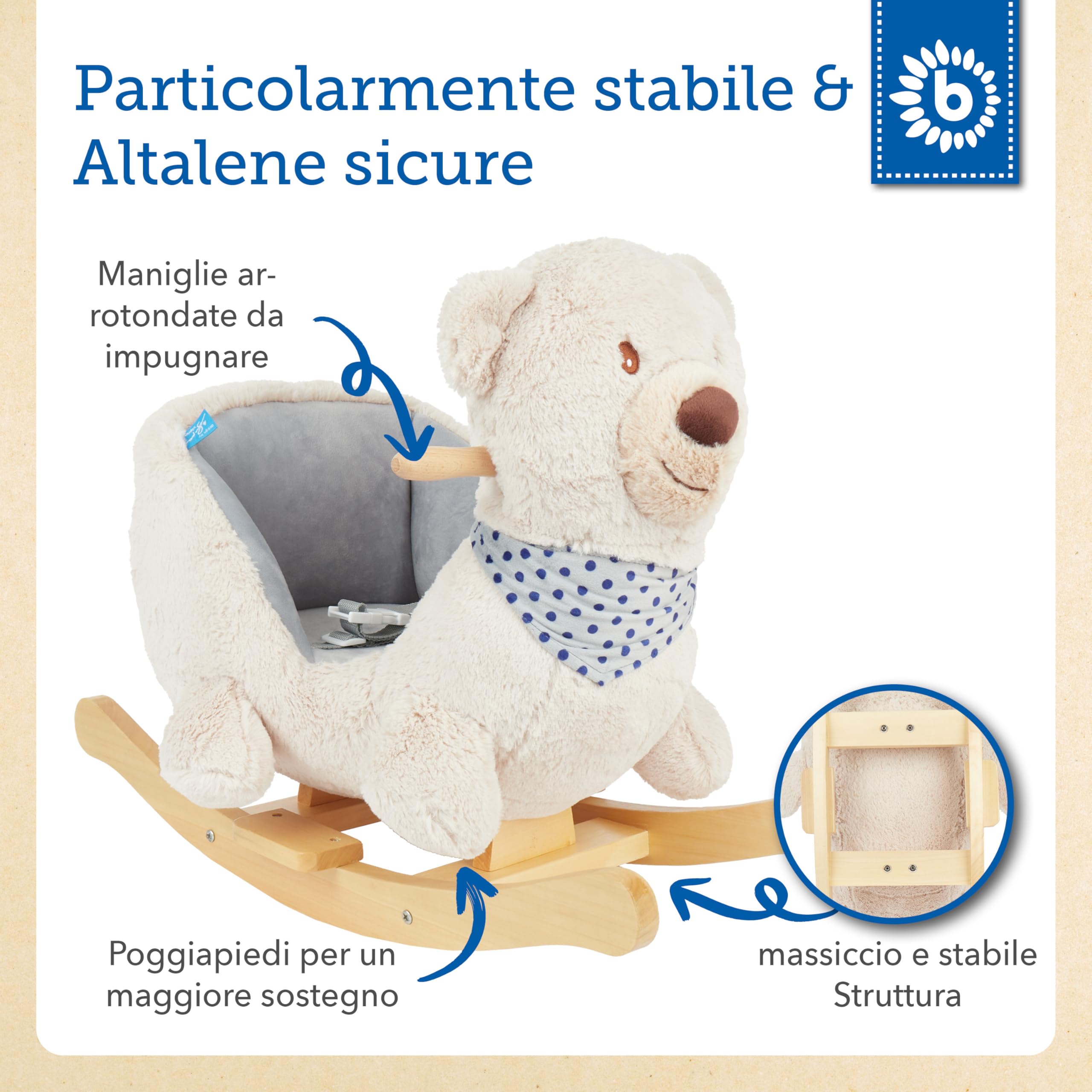 Bieco 74002111 - Dondolo Peluche Crema Orso Giocattolo, Sedia a Dondolo per Bambini con Struttura in Legno, Seduta e Schienale, Giocattoli a Dondolo, Schaukelbär per Neonati e Bambini da 9m +