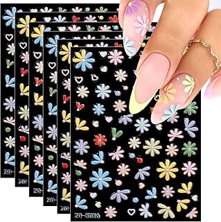 JMEOWIO 6 Sheets 3D Embossed Flower Nail Art Stickers Decals Self-Adhesive 5D Spring Summer Floral Nail Supplies Nail Art Design Decoration Accessories