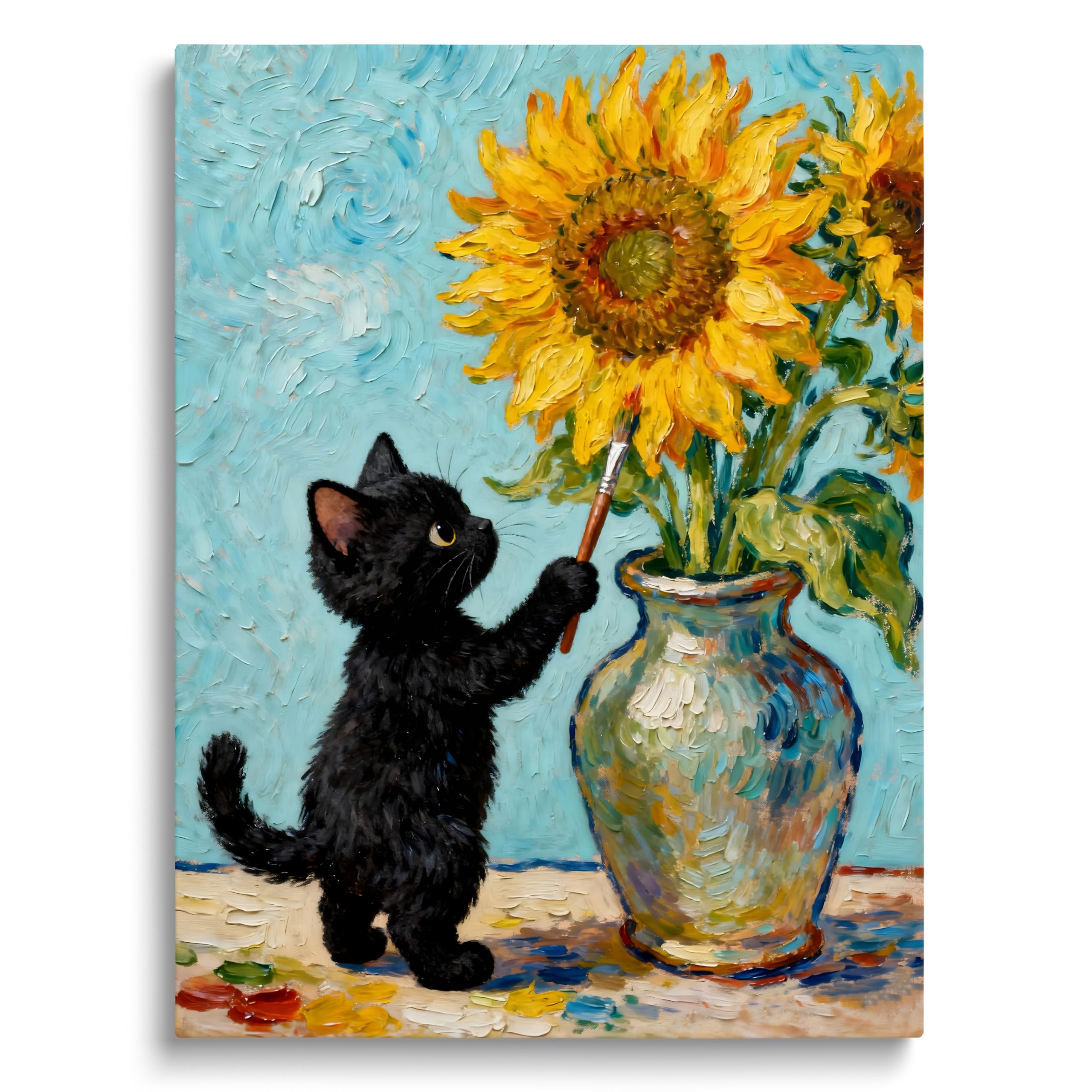 TimAsh Van Gogh Sunflowers Cat Wall Art, Black Cat Painting Sunflowers Canvas Print, Vintage Funny Animal Wall Decor for Living Room Bathroom Bedroom Home Office, 12"x16" Framed Ready to Hang