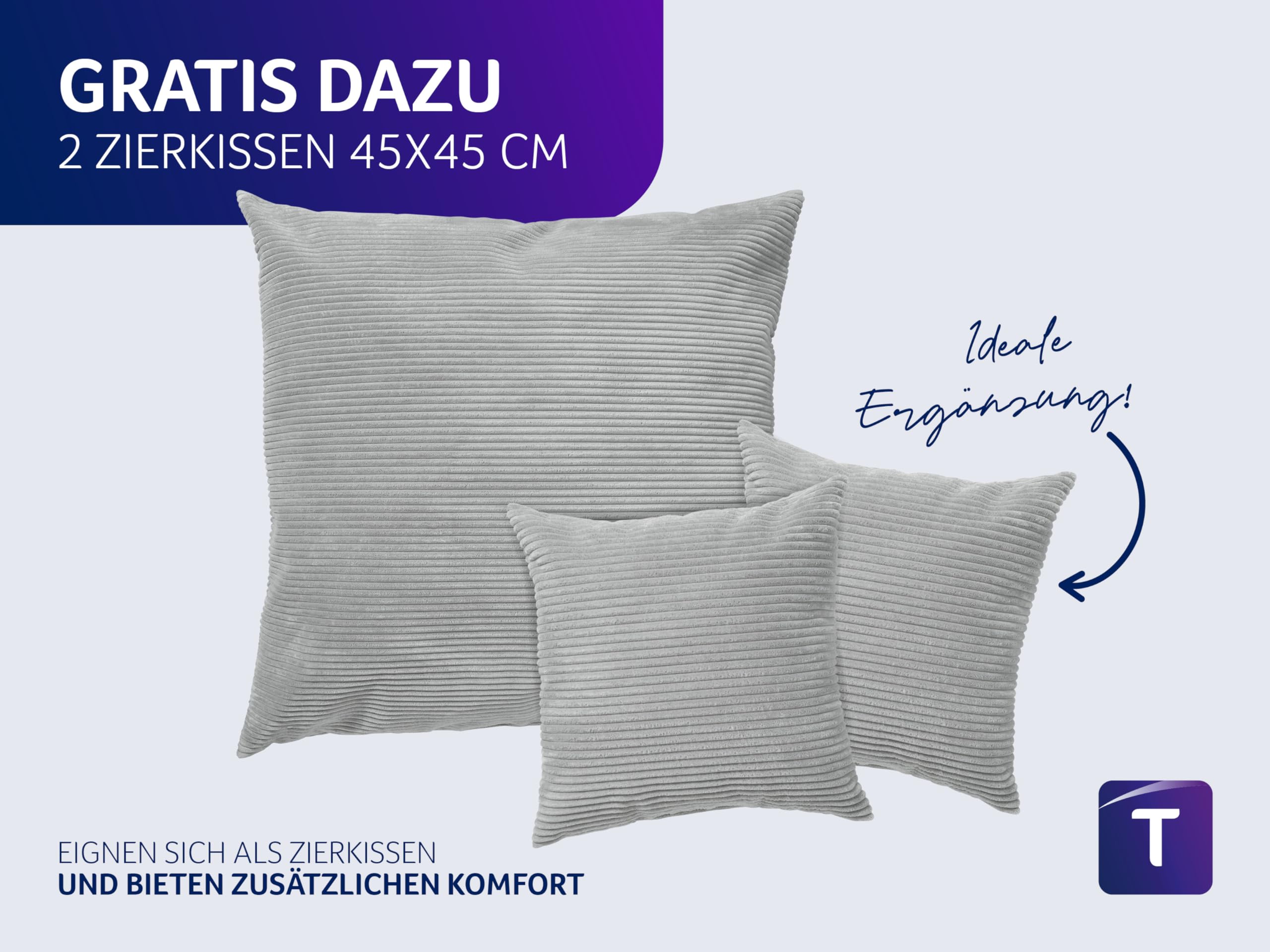 Traumnacht XXL Sofakissen 90x90 cm mit Cord Bezug + 2X Dekokissen 45x45 cm geschenkt, Öko-Tex Zertifiziert, produziert nach deutschem Qualitätsstandard