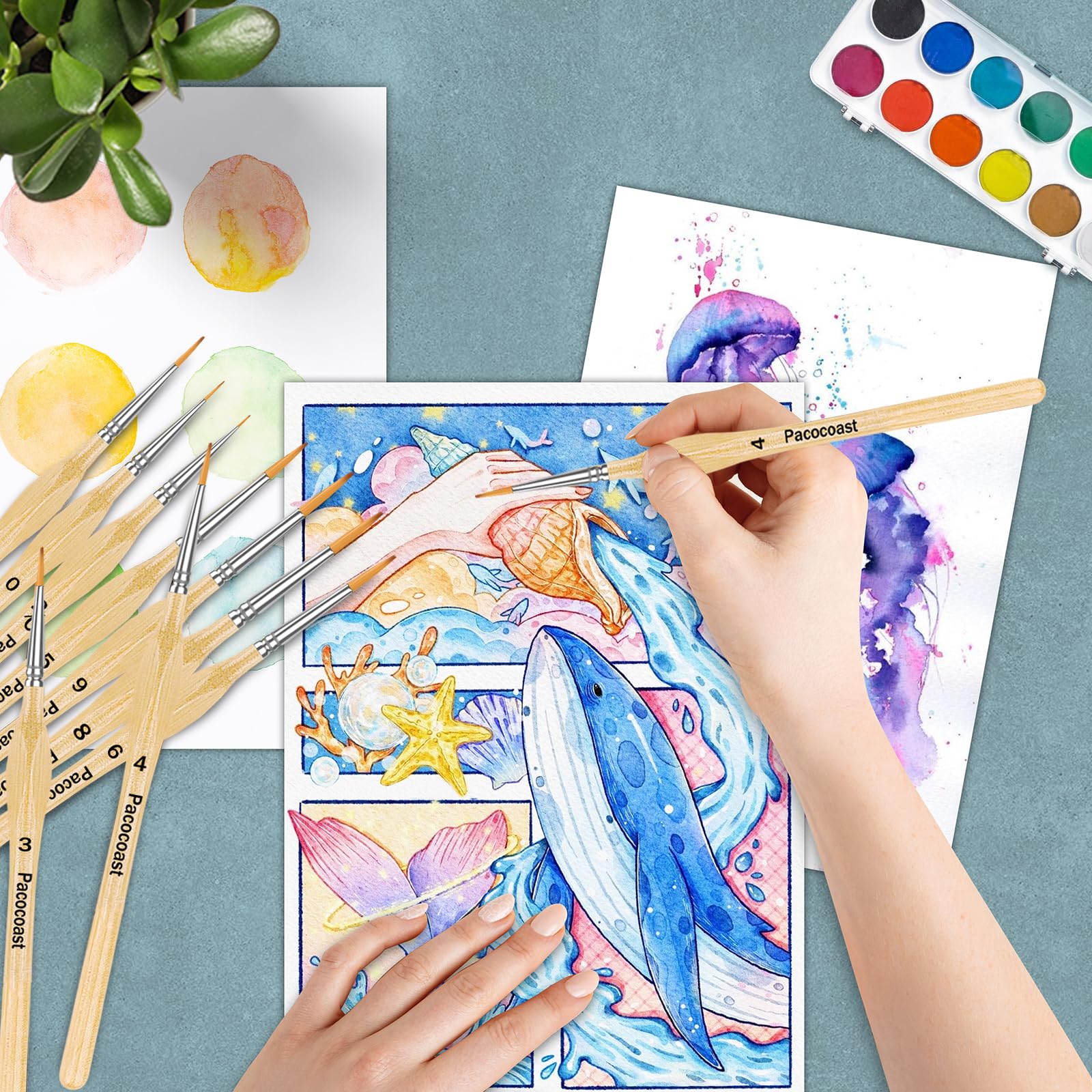 Juego de 12 pinceles en miniatura para detalles finos y pintura artística, pincel pequeño perfecto para acrílico, pintura por número, figurilla, manualidades, modelos (plata, madera)