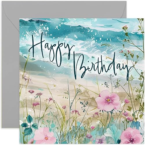 Charmante Geburtstagskarte mit Blumenmotiv am Meer – weibliche Happy Birthday Ka