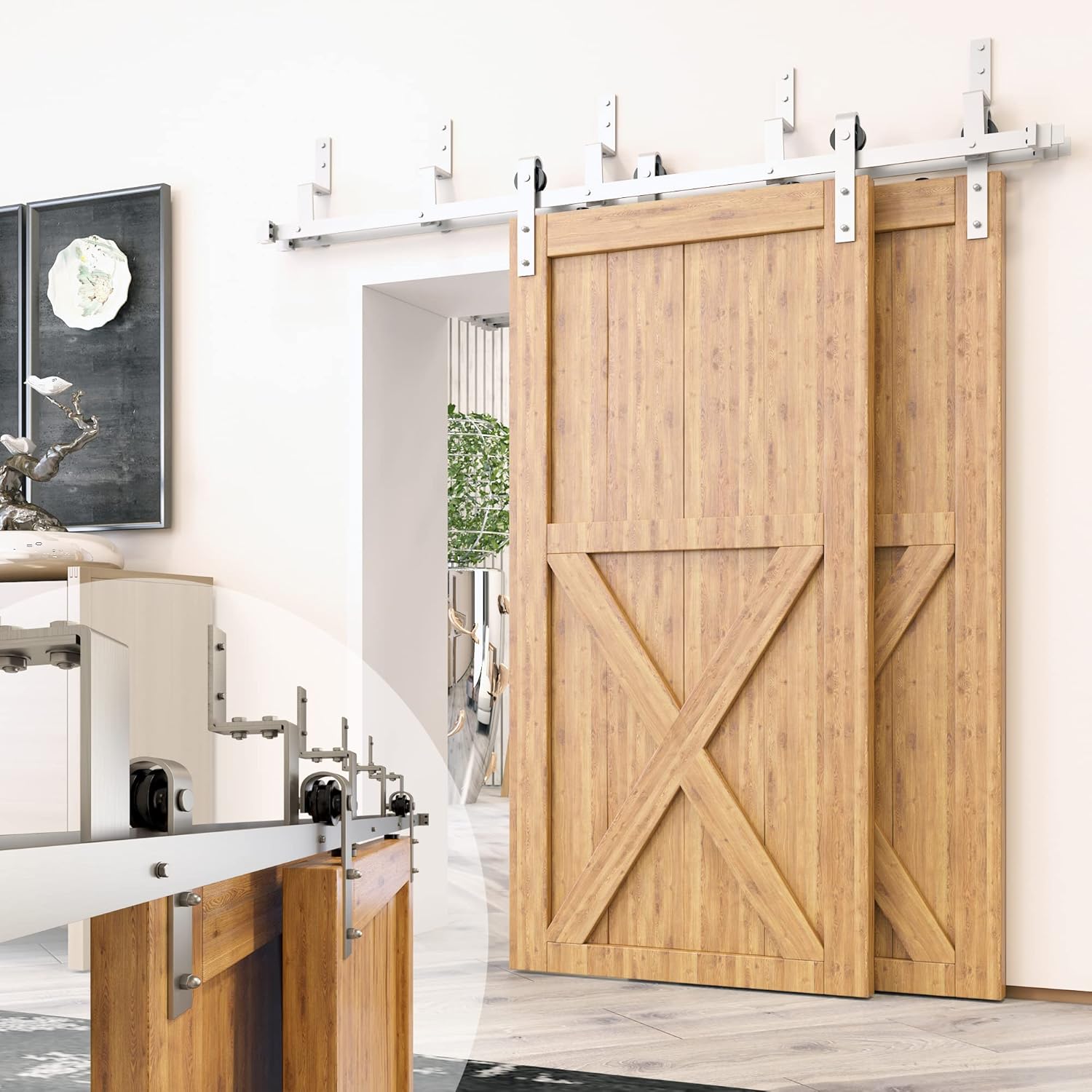 Homacer Brushed Nickel Double Track Z-Shape Bypass Sliding Barn Door Hardware Kit, for Two/Double Doors, 4.5ft Long Flat Track, Classic Design Roller