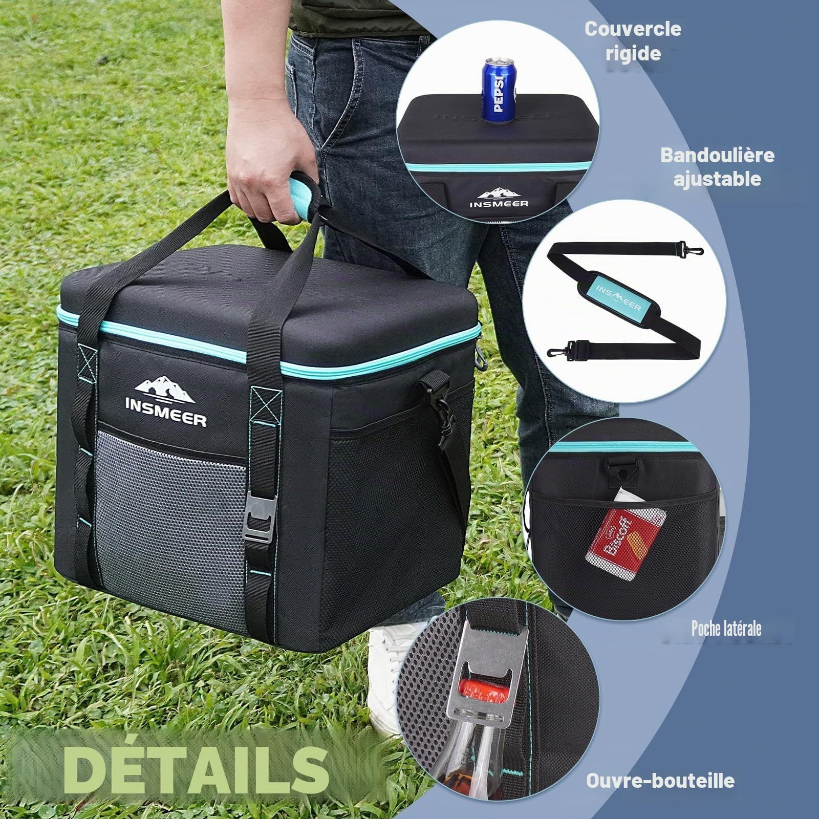 INSMEER Grand sac isotherme de 40 L, 60 canettes, pliable avec dessus rigide en EVA pour boissons, sac isotherme moyen, sac isotherme pour 4 camping, plage, voyage