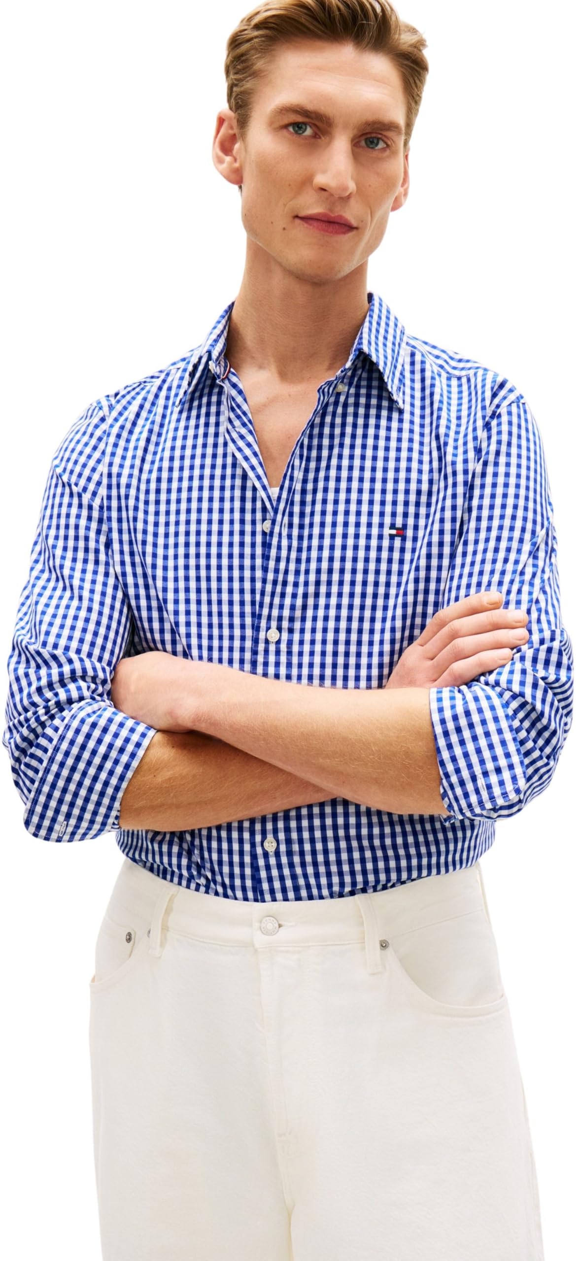 Tommy Hilfiger Men's Blue Flex Poplin Gingham Long Sleeve Shirt - Wedge /Check  40/Regular L
