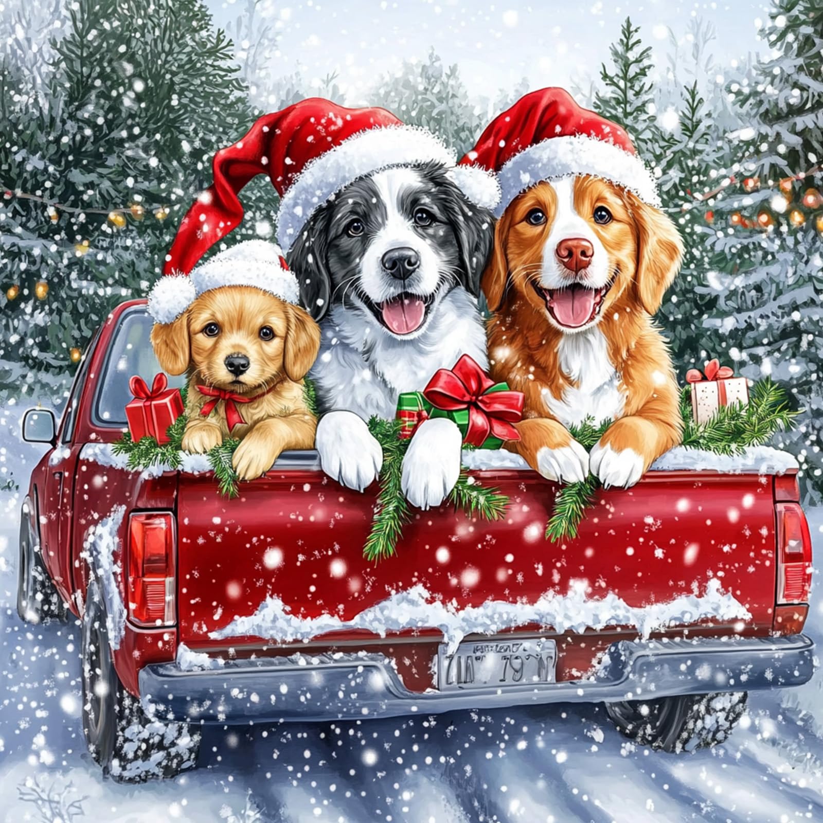 QENSPE Christmas Diamond Painting Kit for Adults, Winter Dogs Diamond Art Round Full Drill Crystal Cross Stitch Gem Arts Crafts for Home Wall Decor (12x12 inch)