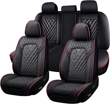 Car Seat Cover Full Set,Waterproof Faux Leather Seat Covers,Luxury Car Interior Accessories Airbag Compatible Universal Fit for Most Vehicles 5-Seat Set, Black&Red Line