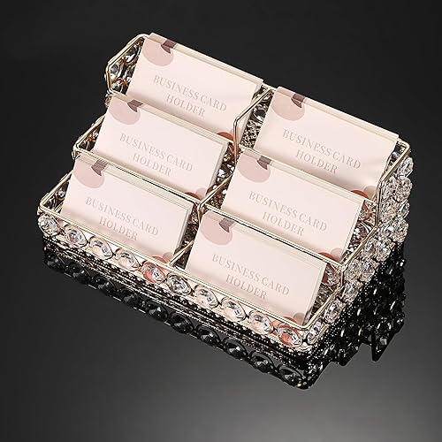 Vista 25 de Hipiwe Soporte para tarjetas de visita de cristal de 2 niveles, soporte de exhibición de tarjetas de visita con espejo dorado, organizador