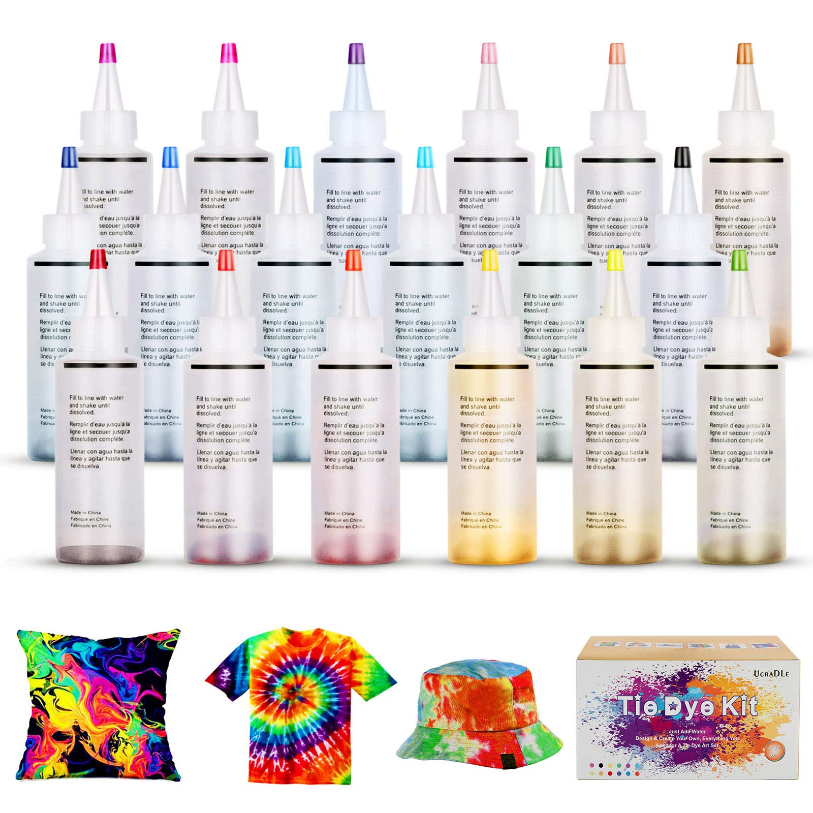 Ucradle Tie Dye Kit, 18PCS Tie-Dye Kit Fabric Textile Paints Vibrant Fabric Textile Permanent One-Step Tie Dye Art Set with 90Pcs Rubber Bands for Fashion DIY
