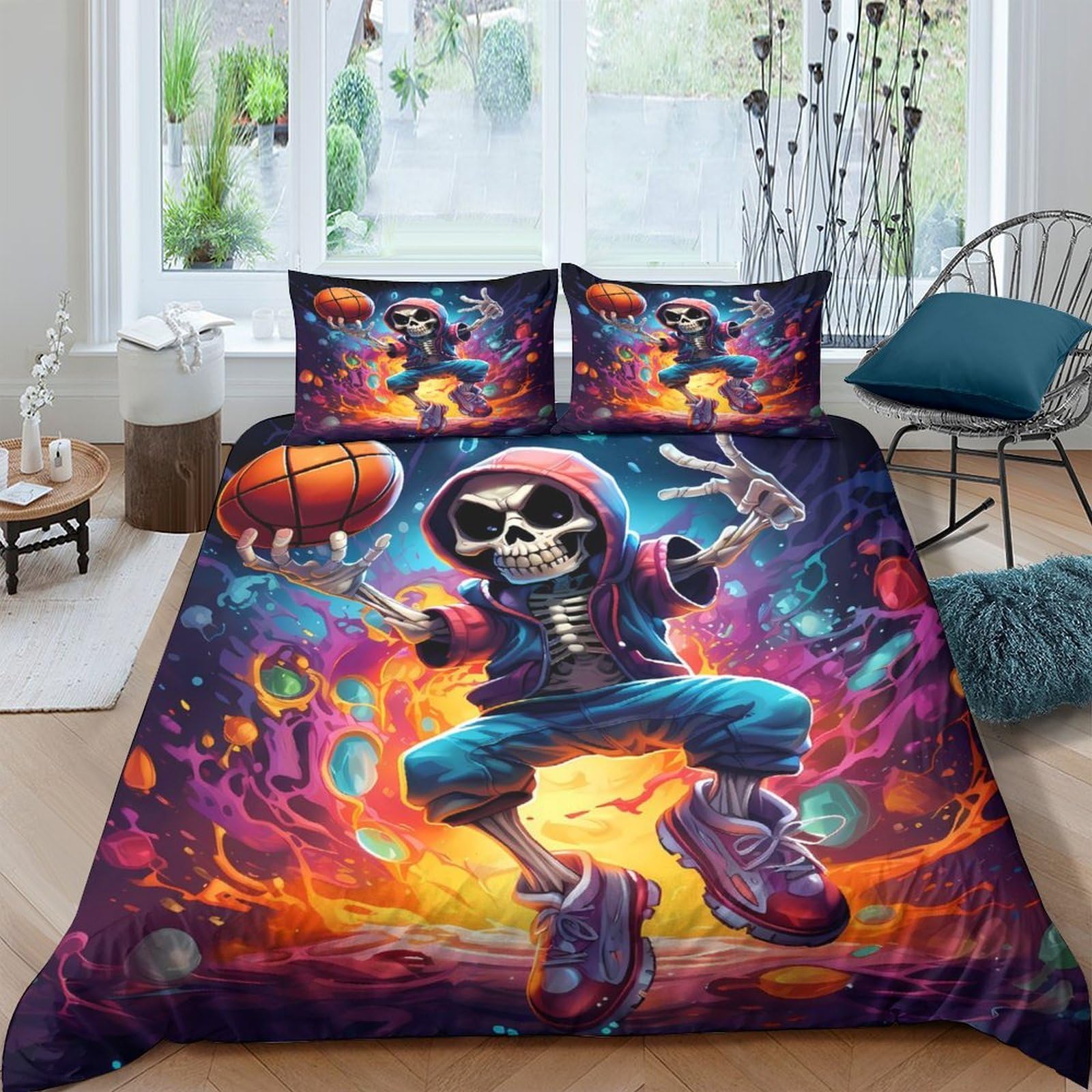 Ctjqhvkz Style-8 3D Printed Graffiti Skeleton Basketball Fitted Sheet Microfiber Soft Breathable Street Art Bed Cover For Bedroom Dorm Mattress Protection Decor Single（135X200cm）