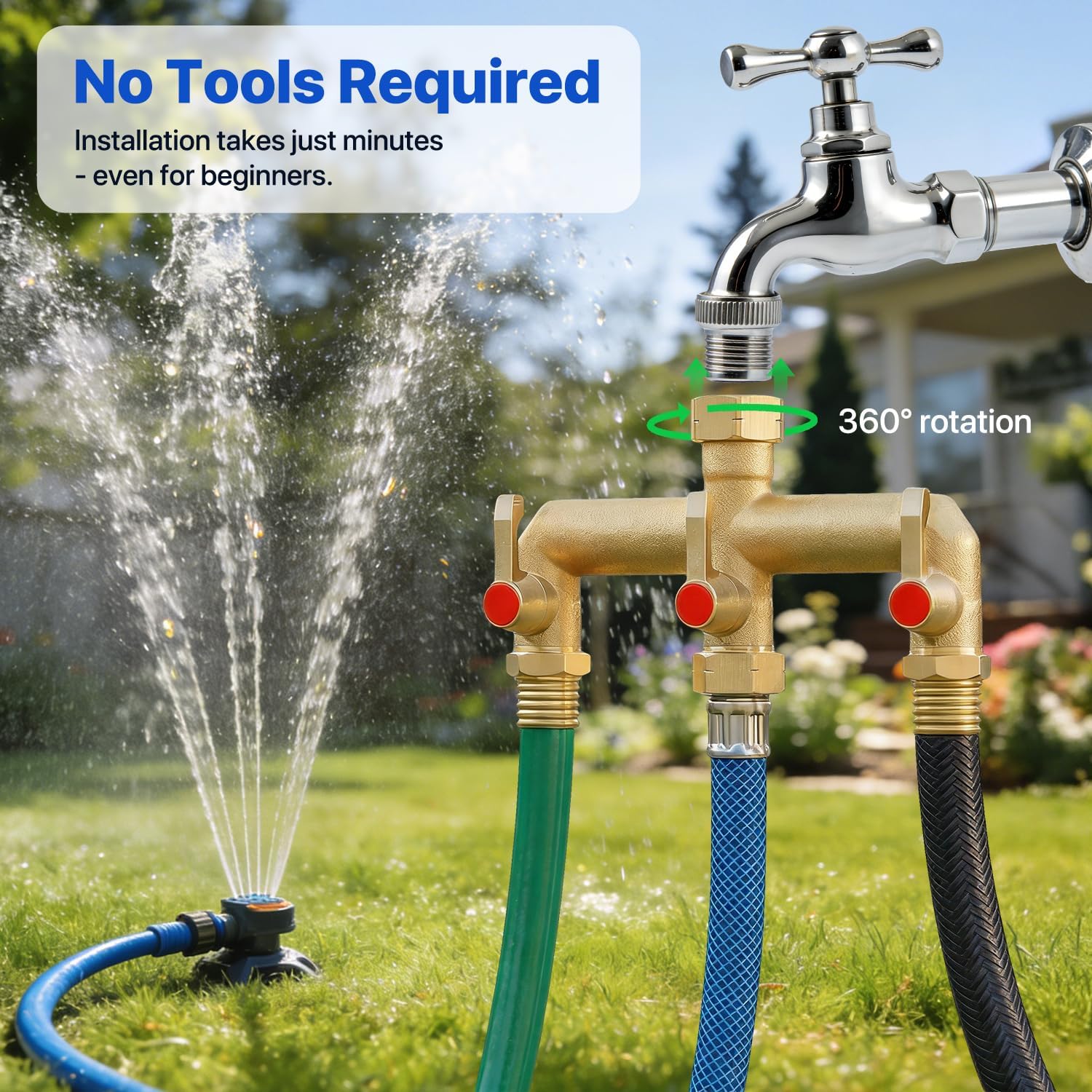 3 Way Garden Hose Splitter Full Flow, Heavy Duty Brass Hose Splitter Outdoor Faucet Diverter with Extended Handle And Metal Shutoff Valve, 3/4” GHT Thread