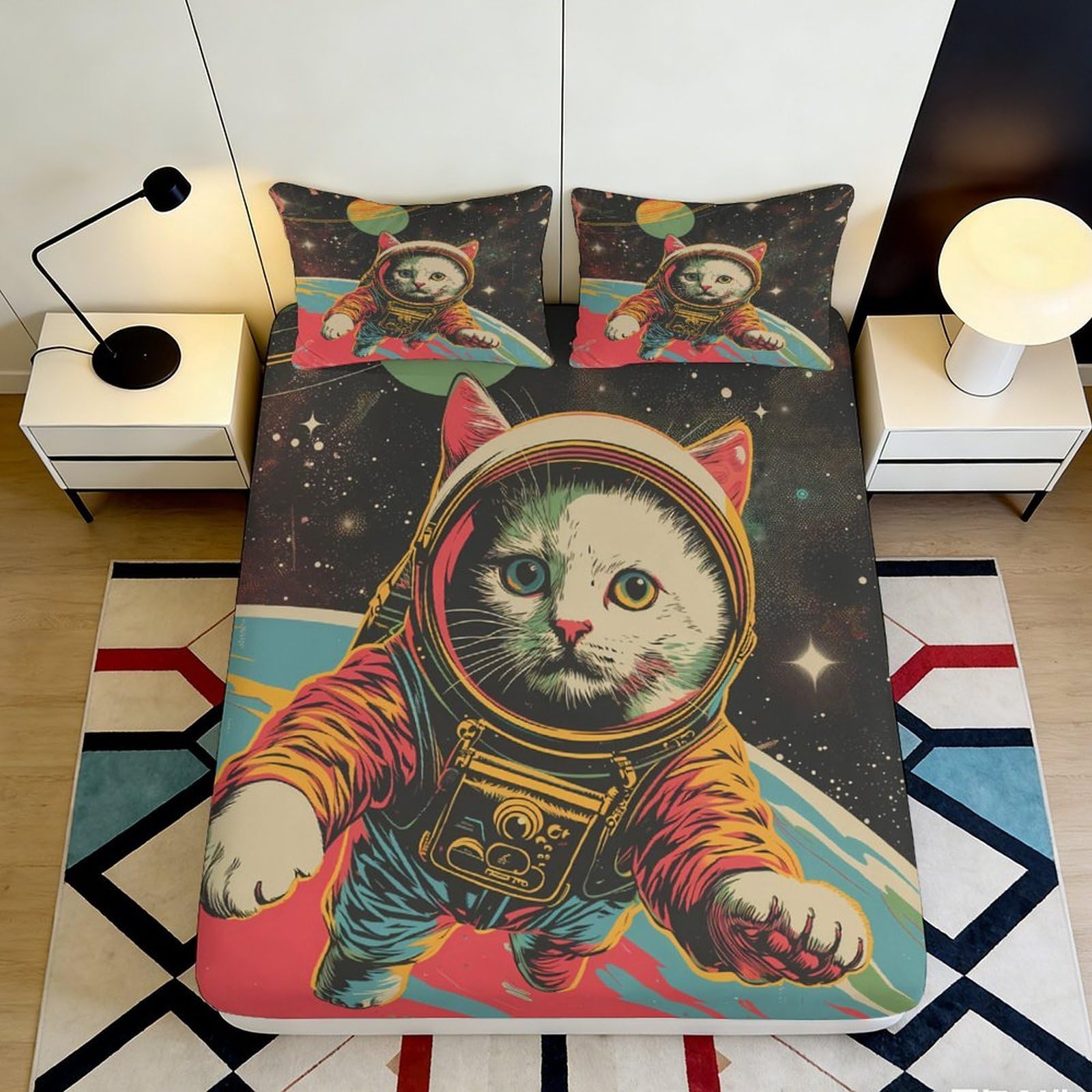 3D Printed Astronaut Cat Fitted Sheet Microfiber Soft Anti-Slip Space Adventure Bed Cover for Bedroom Dorm Decor 90x200x25cm