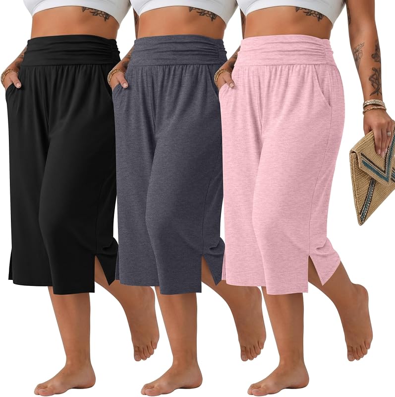 Neer 3 Pack Women's Plus Size Capri Pants | Cotton,Wide Leg Gauchos, High Waisted, Loose Fit, Lounge, Yoga, Workout, Cropped Sweatpants, Pockets, Breathable