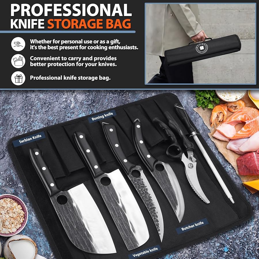 TIVOLI Professional Butcher Knife Set for Meat Processing, 7Pcs High Carbon Steel Hand Forged BBQ Knife Sets, Serbian Chef Knife Set with Ergonomic Handle for Kitchen Outdoor Cooking Gifts - image 3