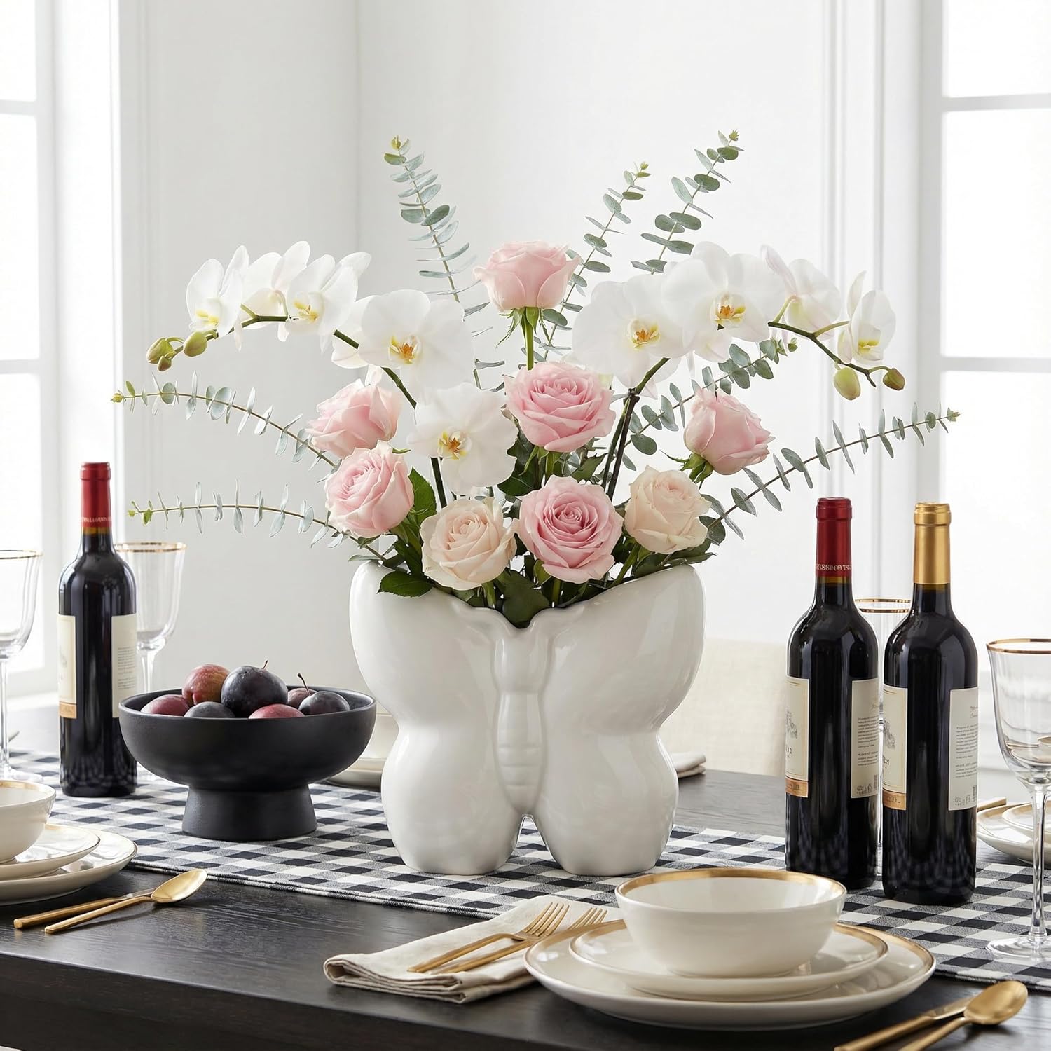 Potiera White Butterfly Vase, Ceramic Decorative Flower Vases for Home Decor, Modern Farmhouse Vase for Centerpieces Dining Kitchen Coffee Table Office House Living Room Shelf Bookshelf Mantle Decor